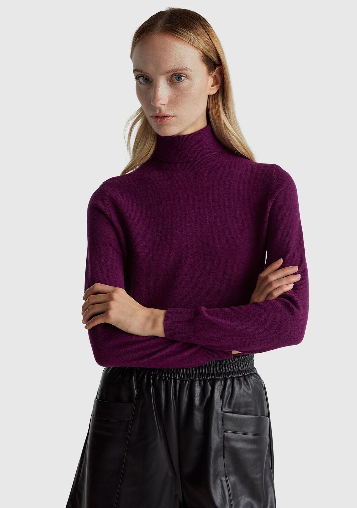 Kadın Mürdüm %100 Merino Dik Yaka  Kazak