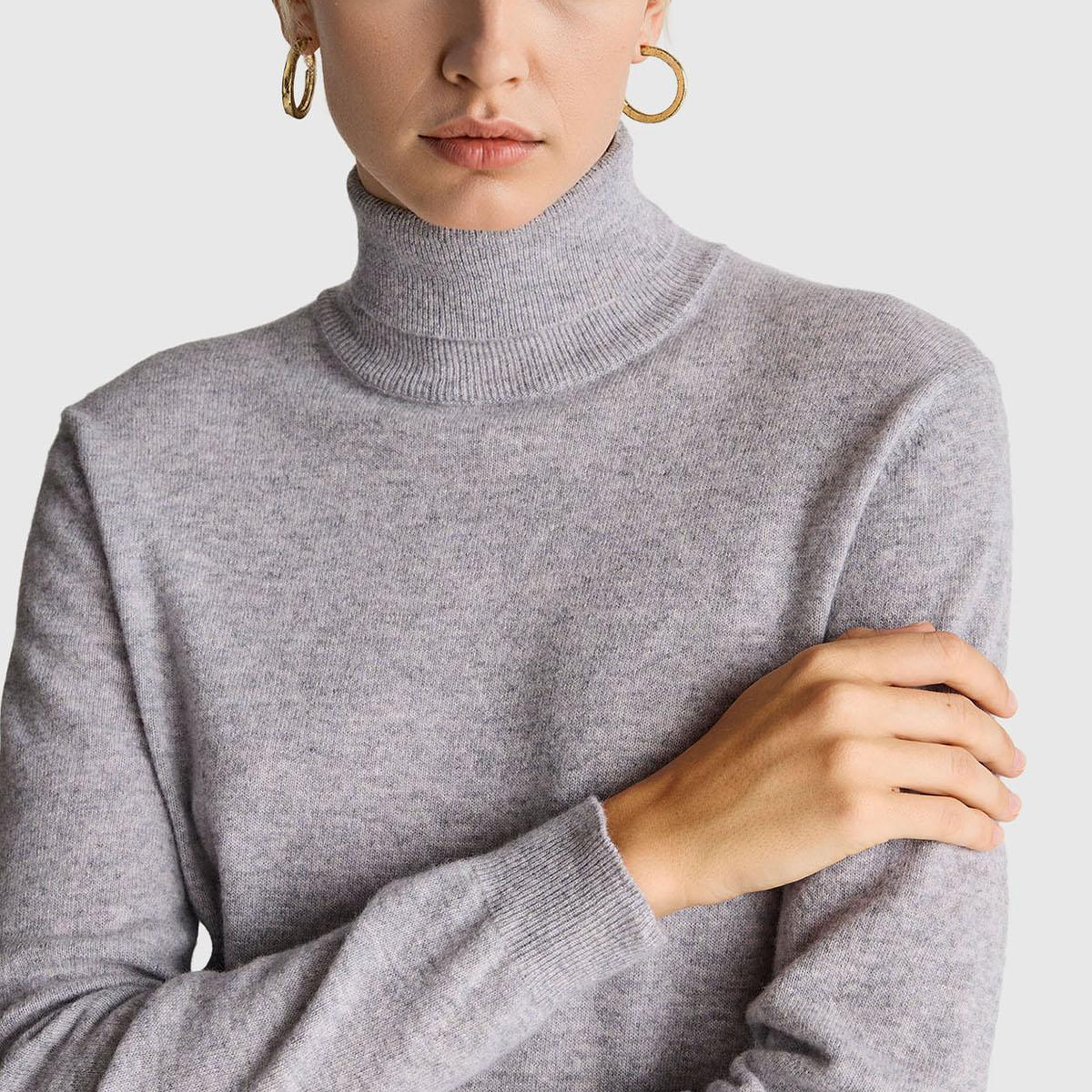 Kadın Gri Melanj %100 Merino Dik Yaka  Kazak