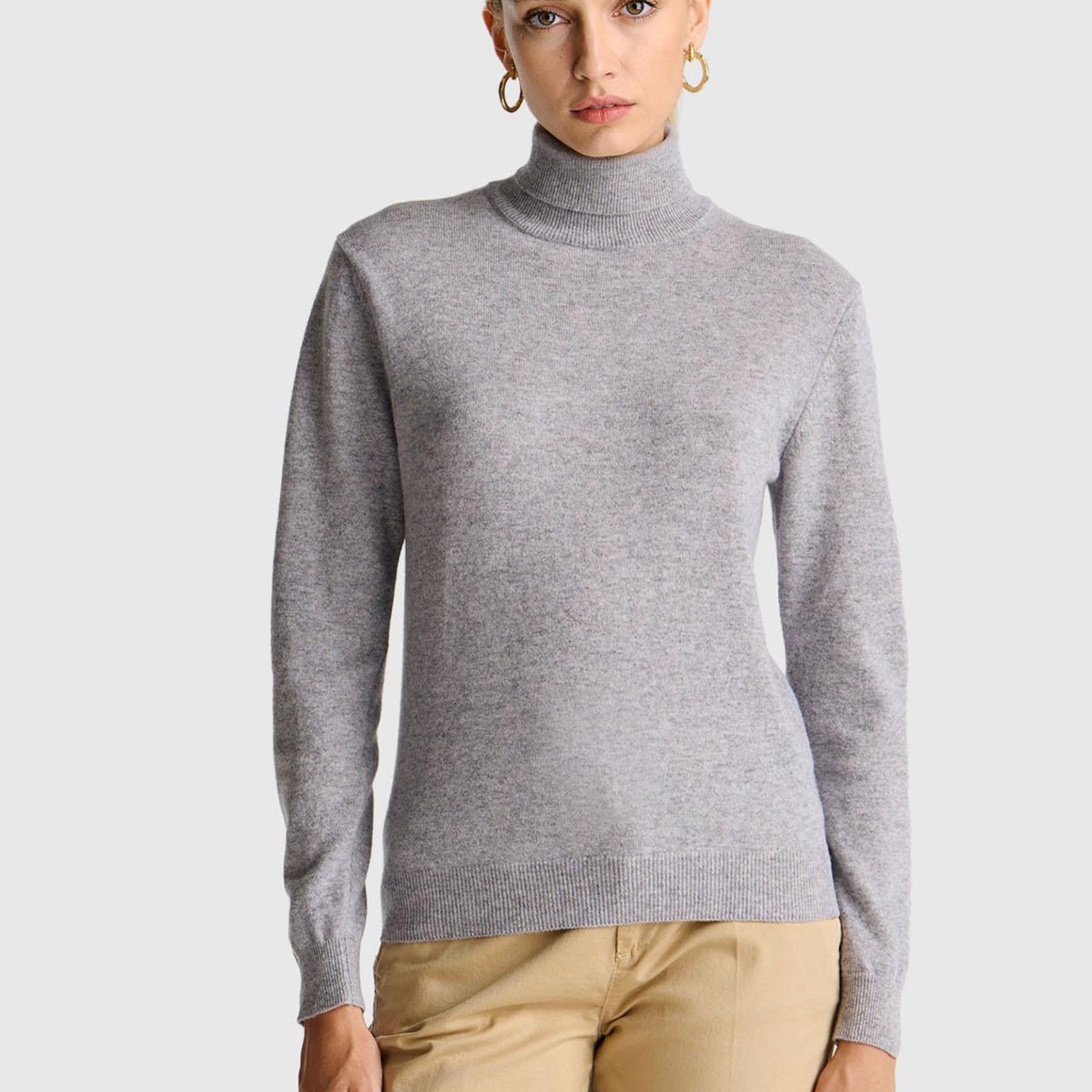 Kadın Gri Melanj %100 Merino Dik Yaka  Kazak