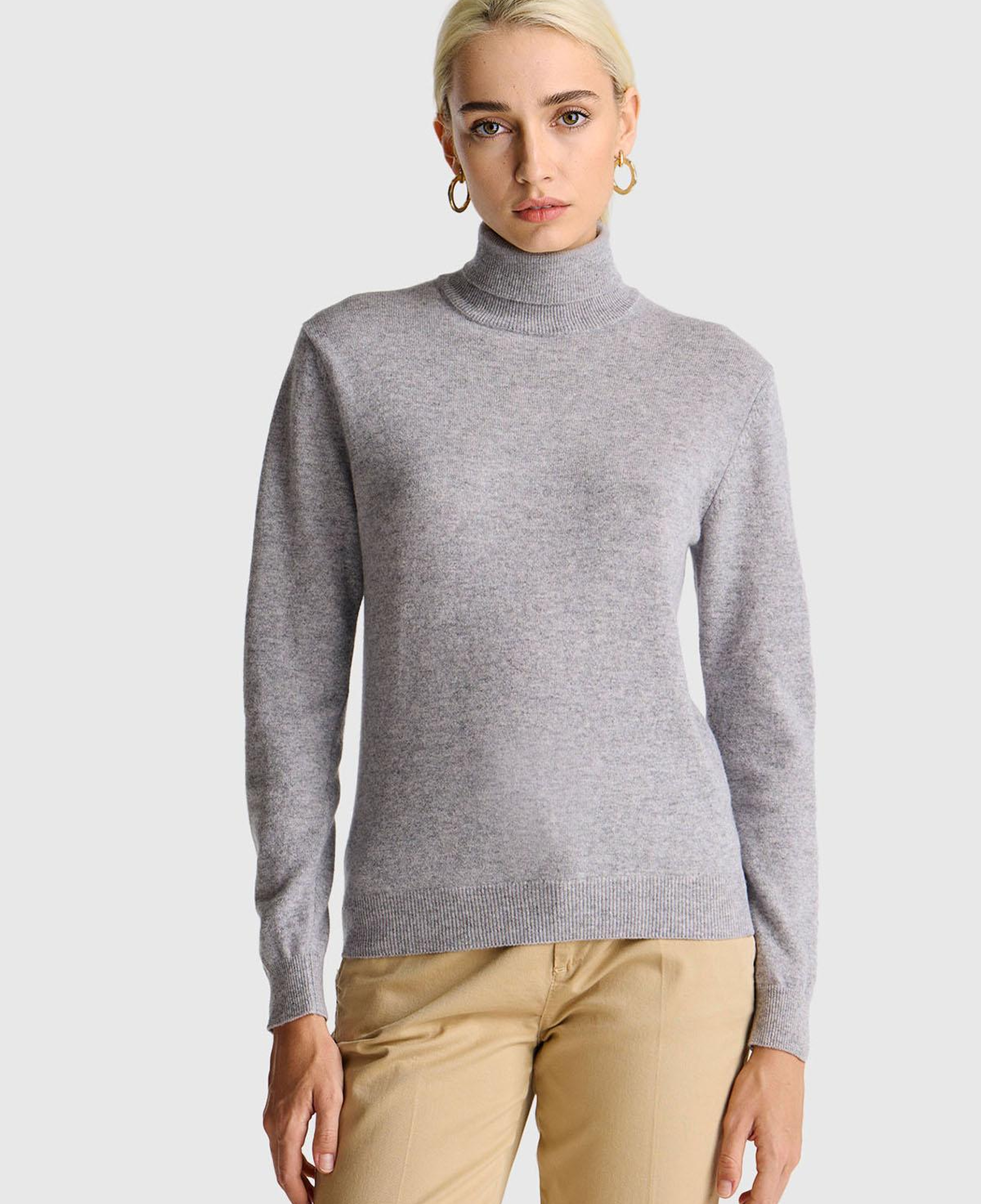 Kadın Gri Melanj %100 Merino Dik Yaka  Kazak