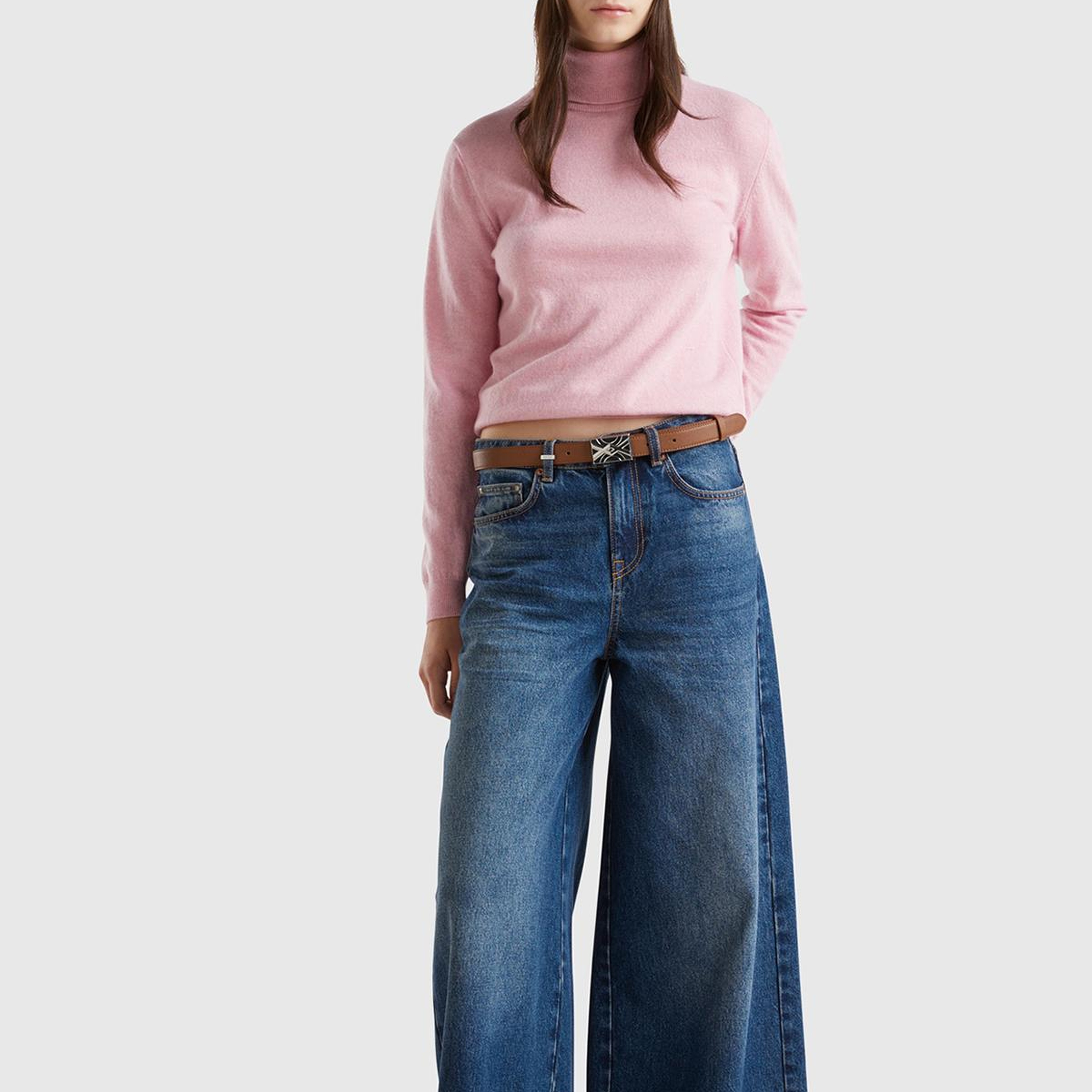 Kadın Pembe %100 Merino Dik Yaka  Kazak