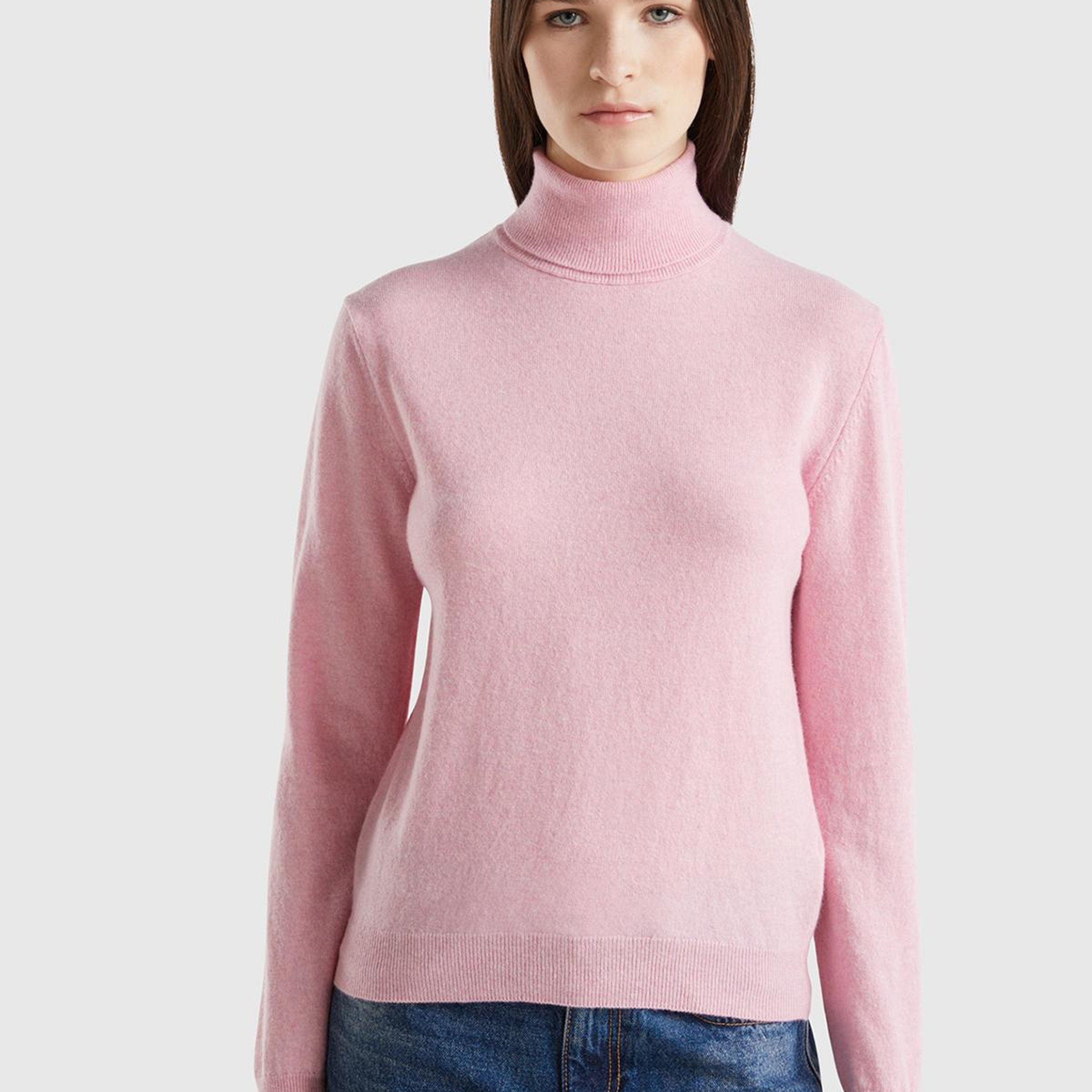 Kadın Pembe %100 Merino Dik Yaka  Kazak