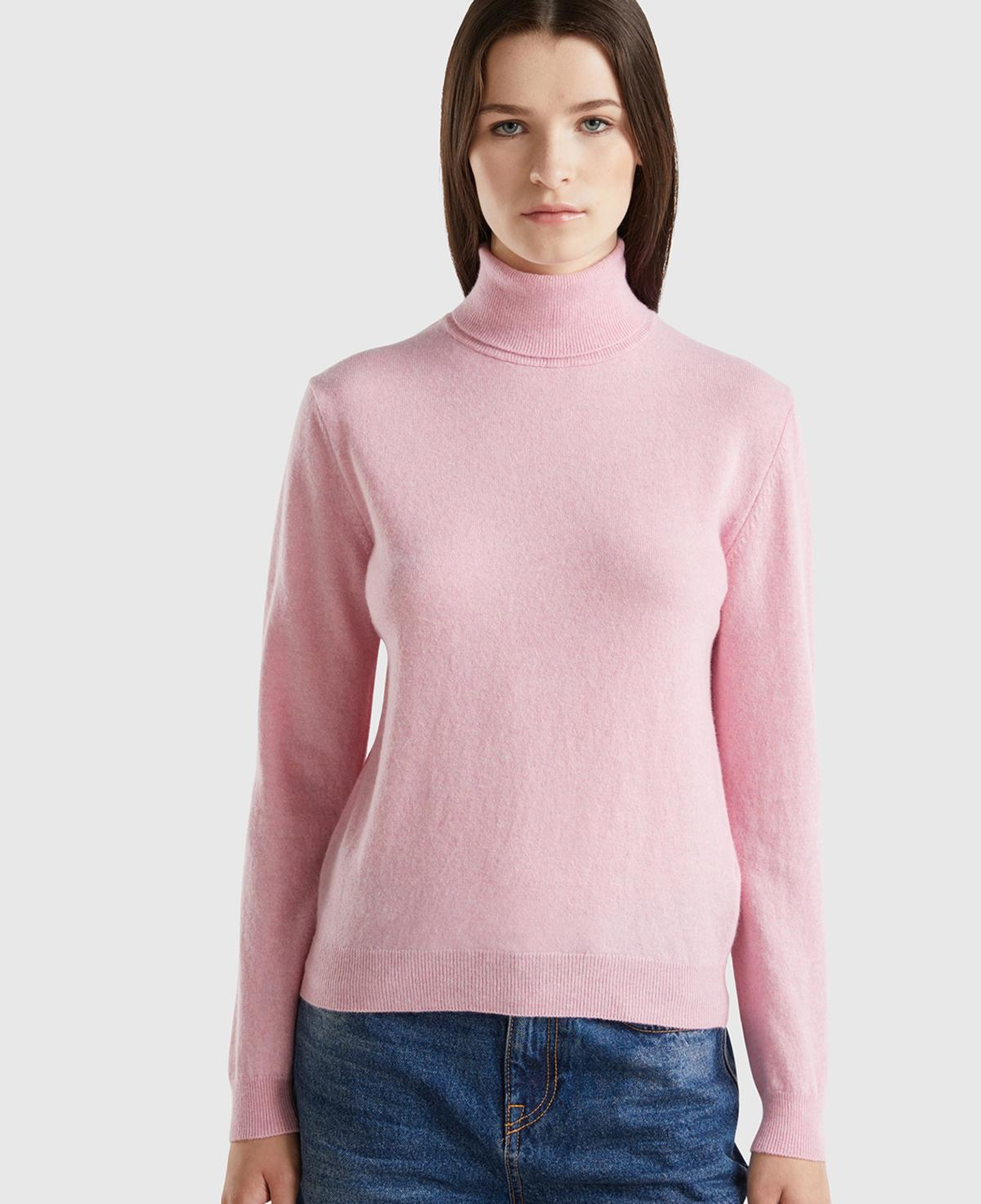 Kadın Pembe %100 Merino Dik Yaka  Kazak