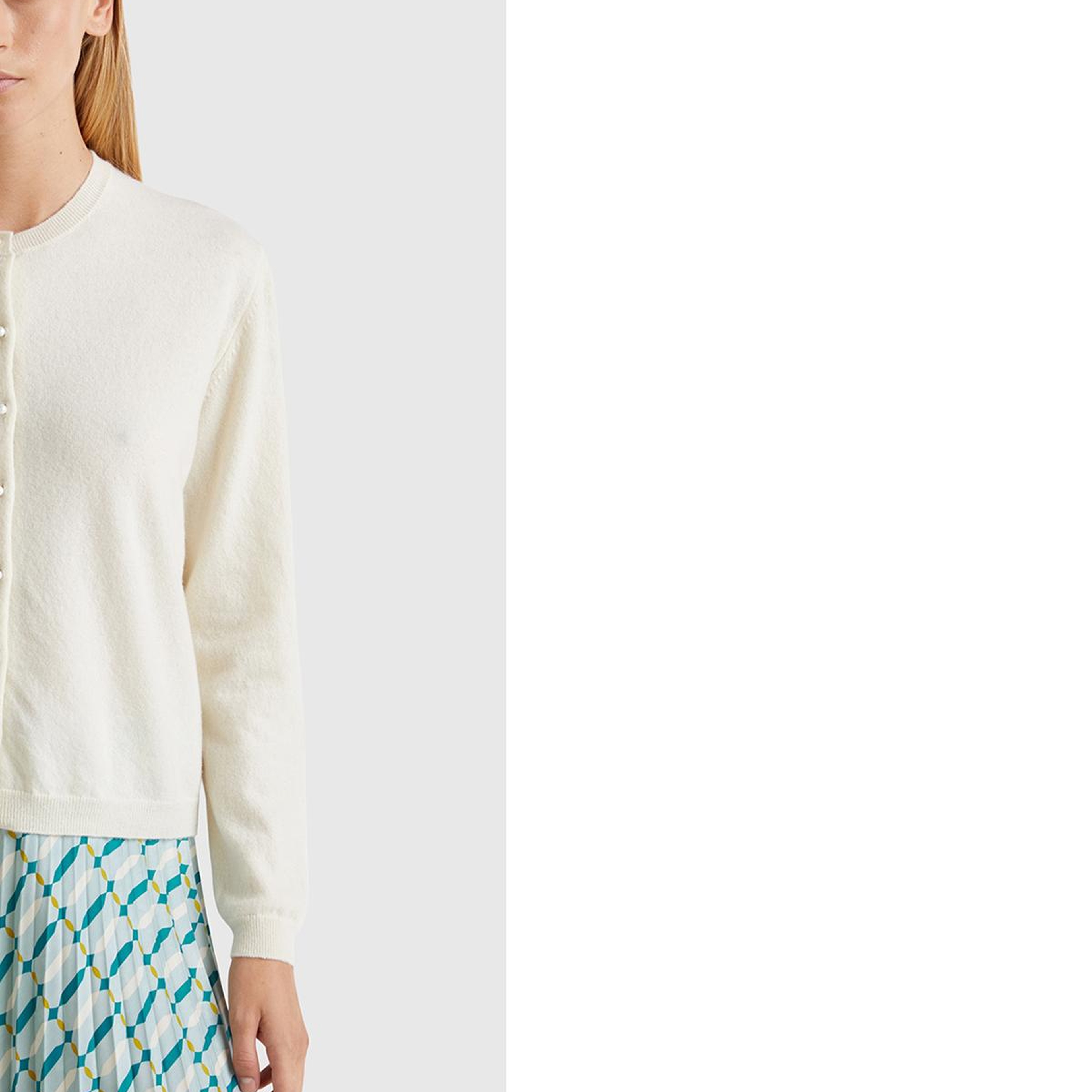 Kadın Krem %100 Merino Bisiklet Yaka İnci Düğmeli  Hırka