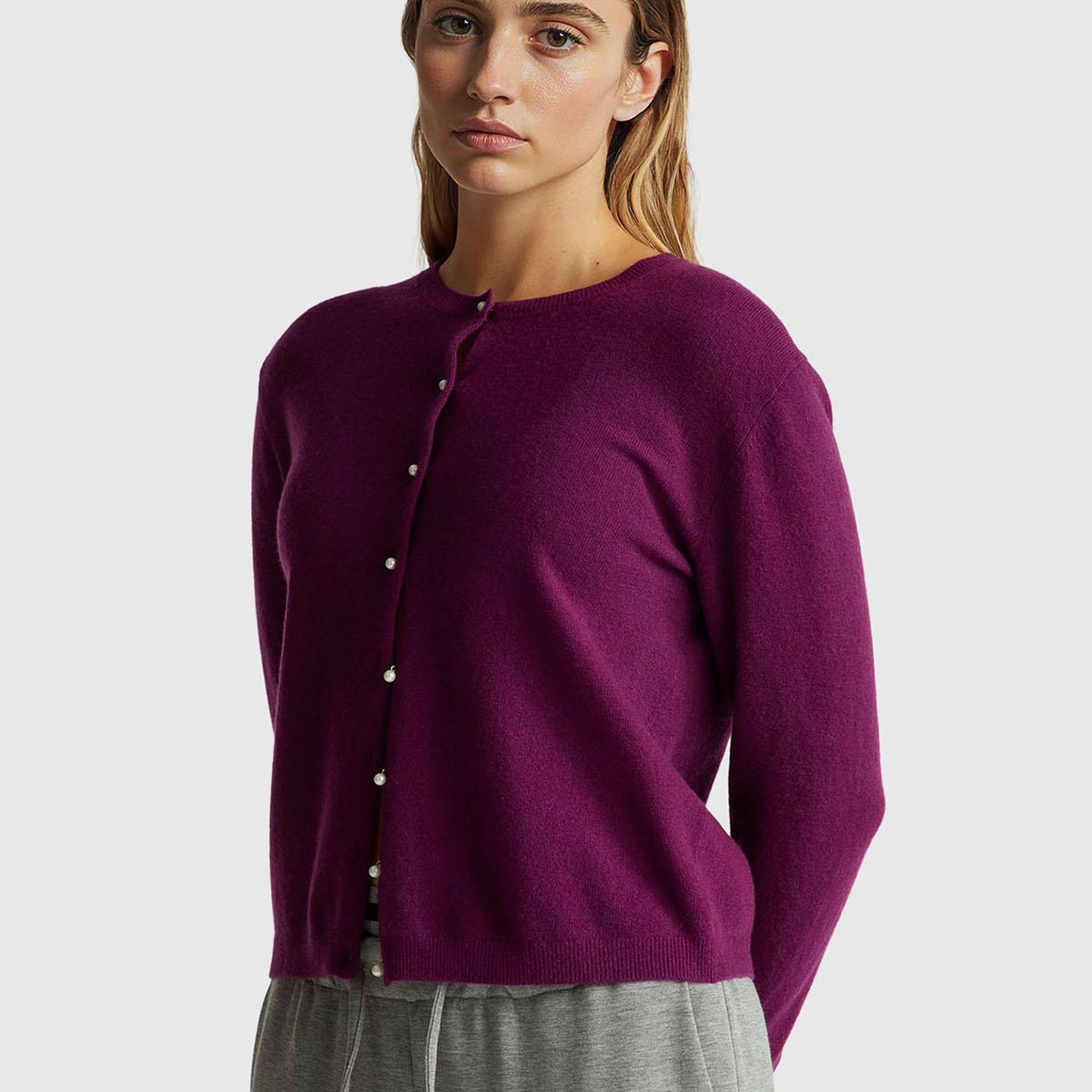 Kadın Mürdüm %100 Merino Bisiklet Yaka İnci Düğmeli  Hırka