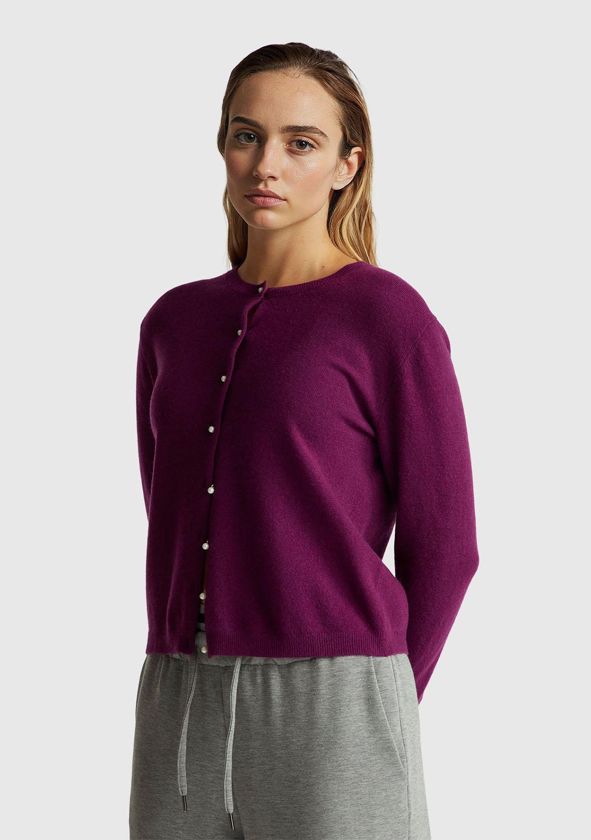 Kadın Mürdüm %100 Merino Bisiklet Yaka İnci Düğmeli  Hırka