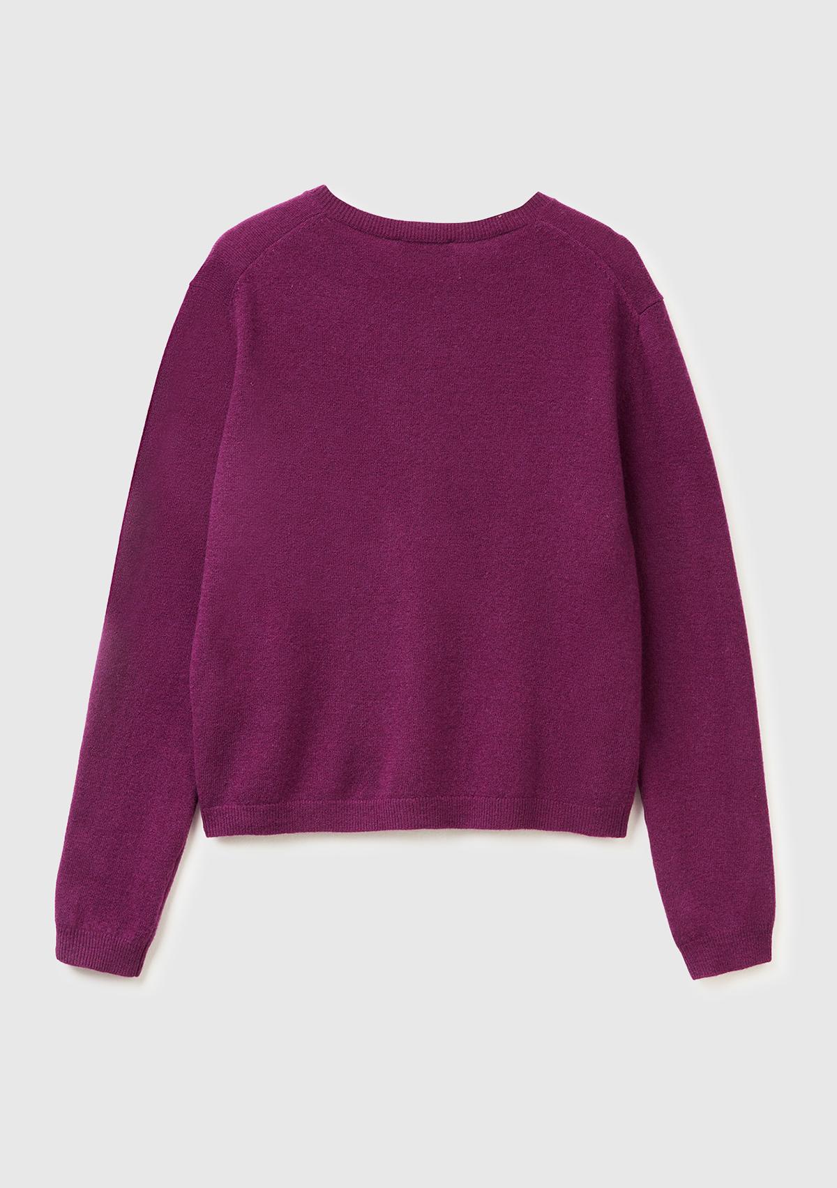 Kadın Mürdüm %100 Merino Bisiklet Yaka İnci Düğmeli  Hırka