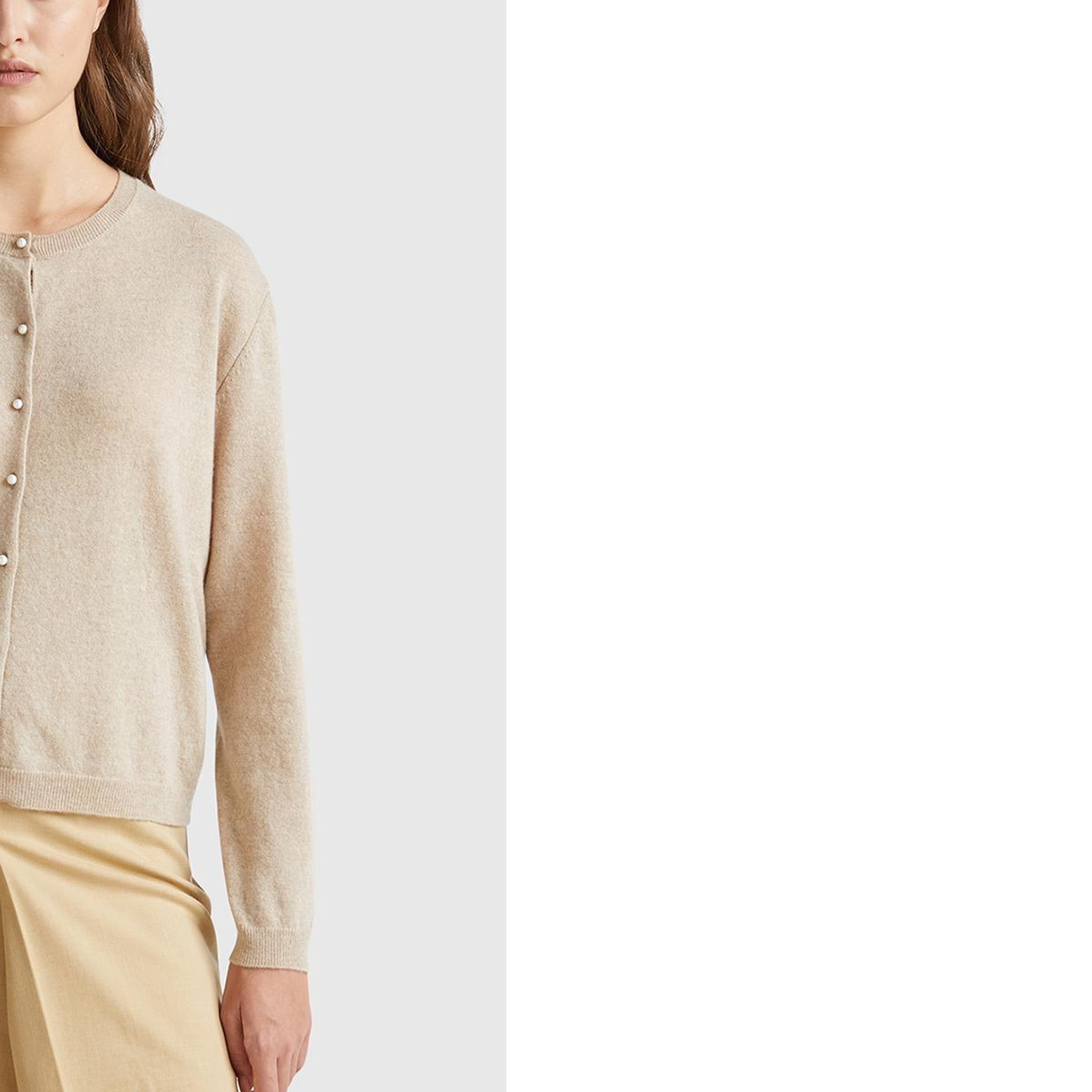 Kadın Ekru %100 Merino Bisiklet Yaka İnci Düğmeli  Hırka