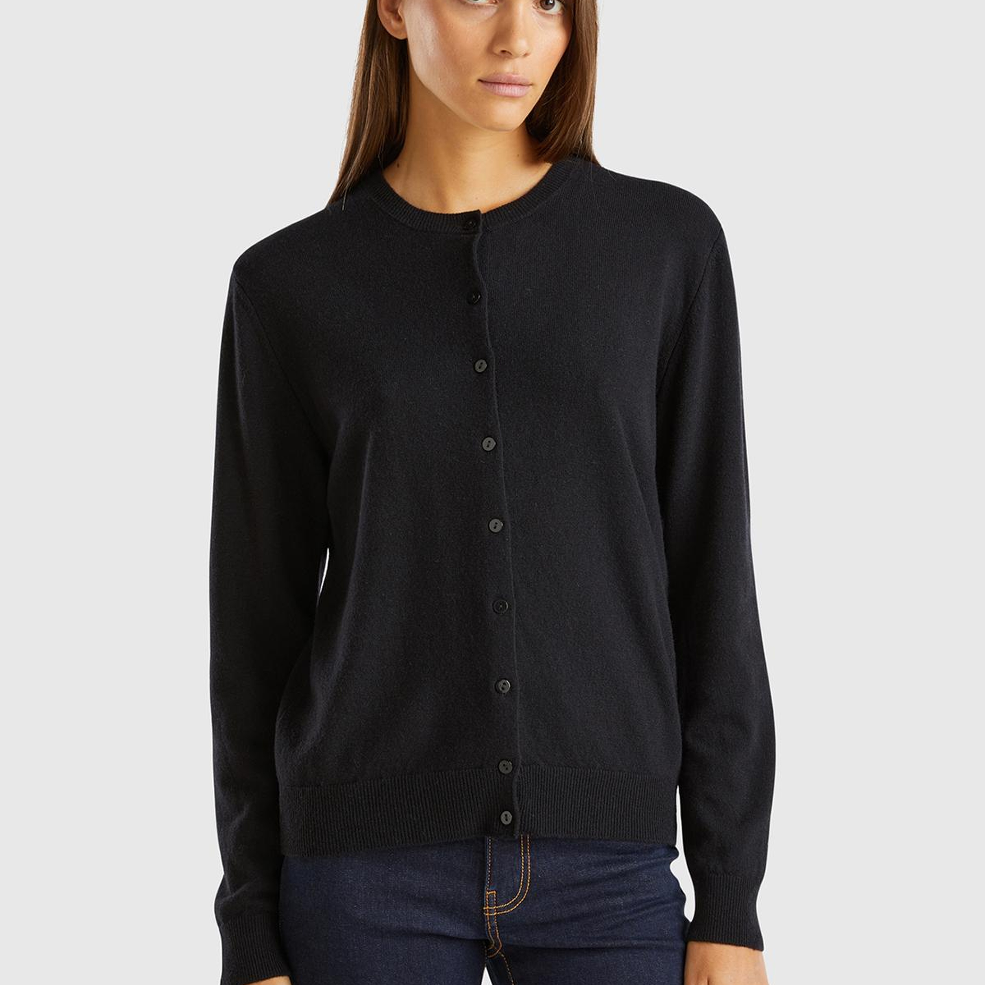 Kadın Siyah %100 Merino Bisiklet Yaka  Hırka