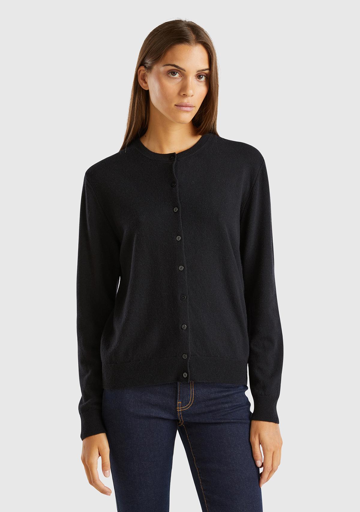 Kadın Siyah %100 Merino Bisiklet Yaka  Hırka