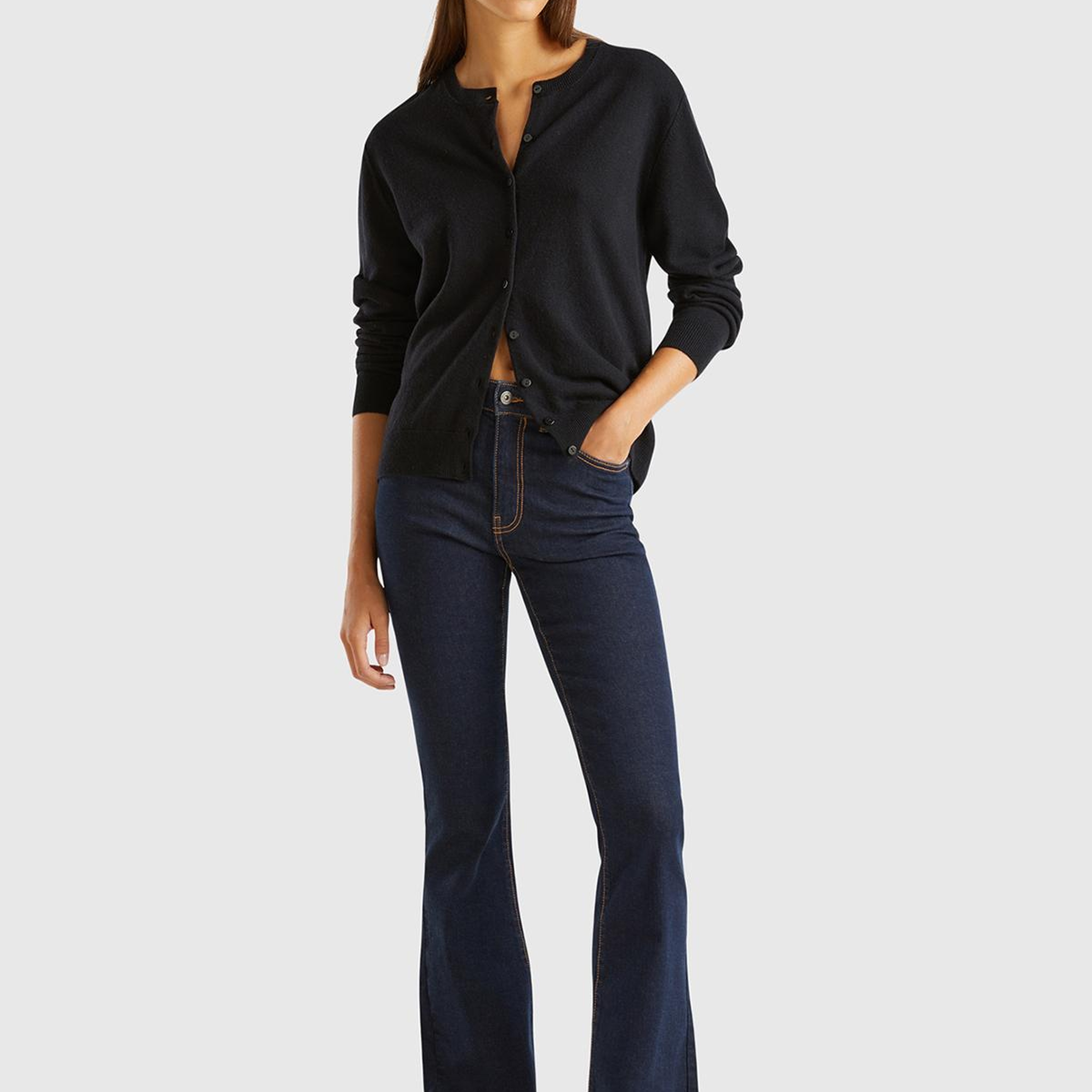 Kadın Siyah %100 Merino Bisiklet Yaka  Hırka