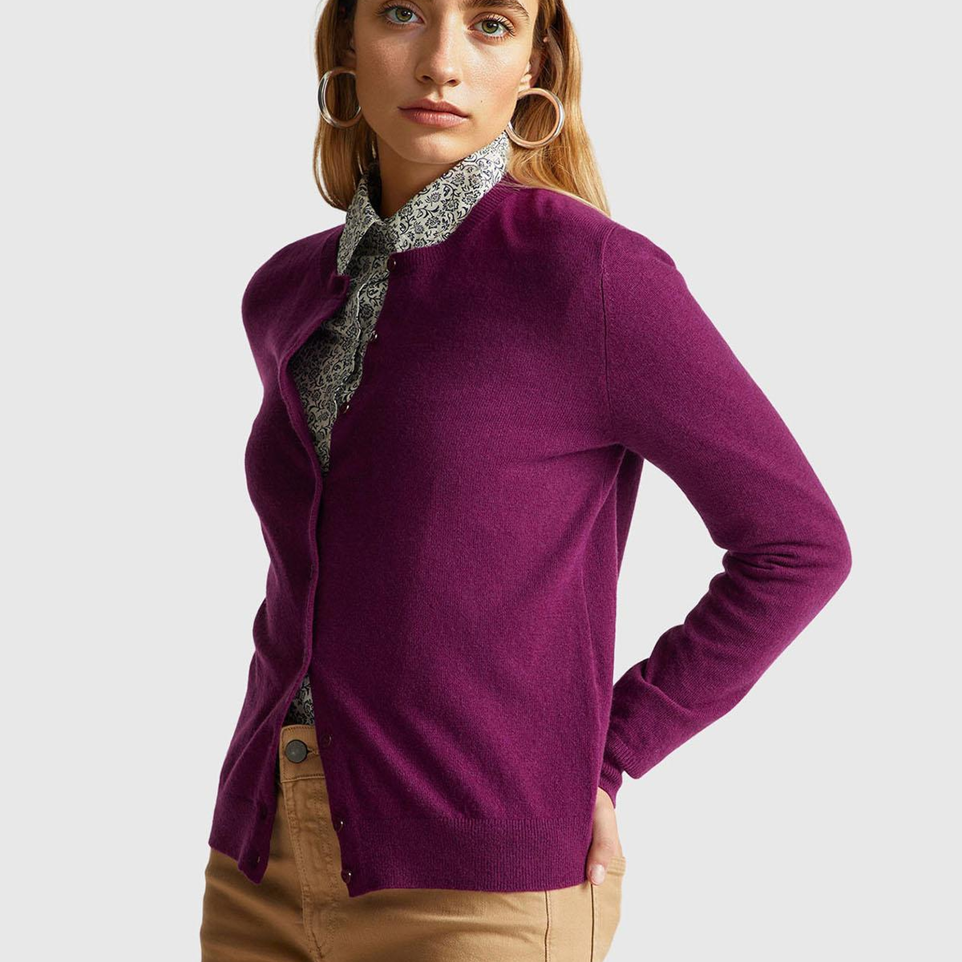 Kadın Mürdüm %100 Merino Bisiklet Yaka  Hırka