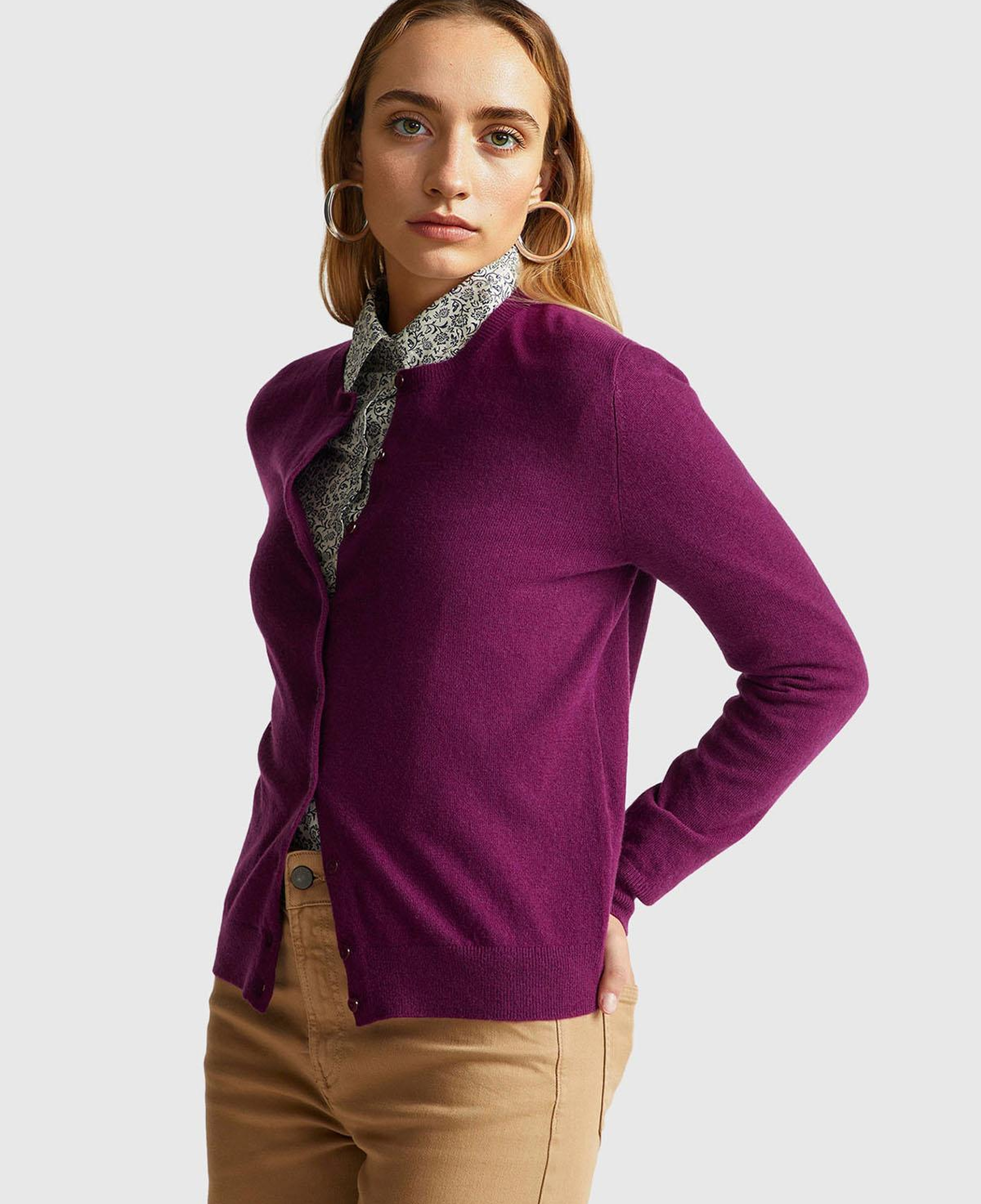 Kadın Mürdüm %100 Merino Bisiklet Yaka  Hırka