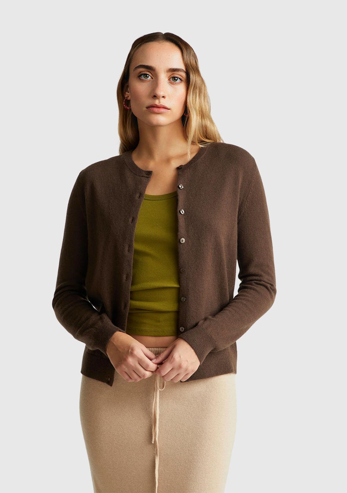 Kadın Koyu Kahverengi %100 Merino Bisiklet Yaka  Hırka