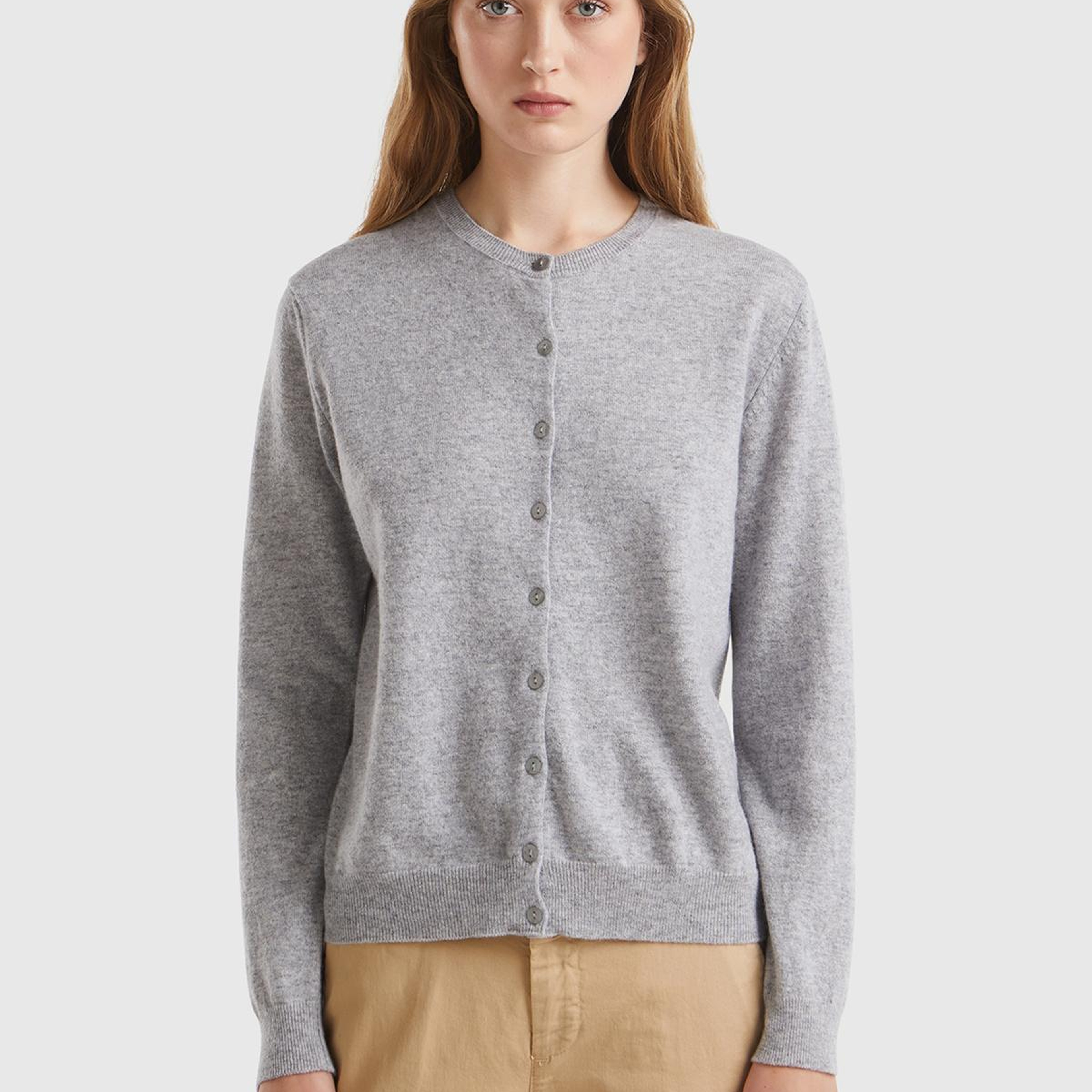 Kadın Gri Melanj %100 Merino Bisiklet Yaka  Hırka