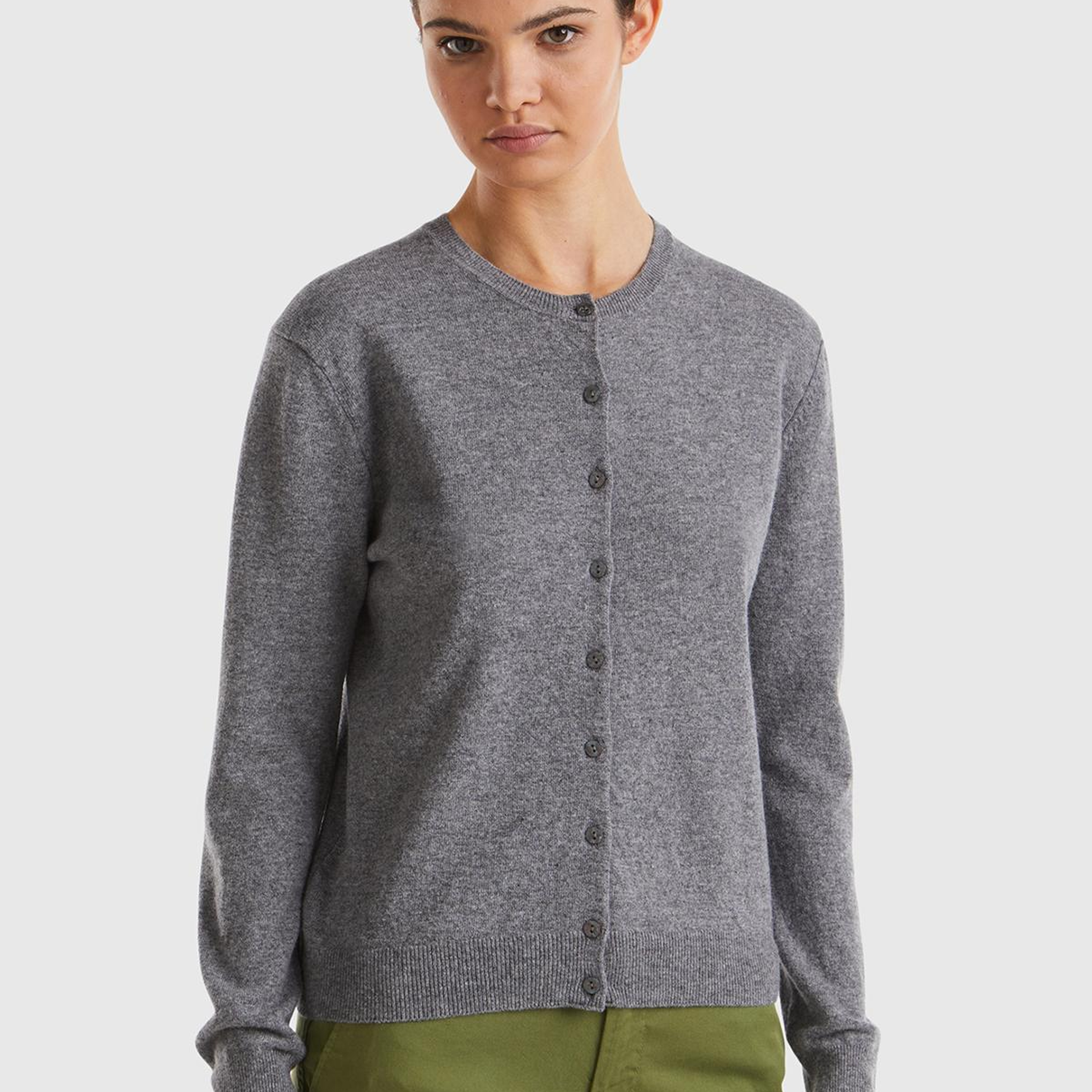 Kadın Antrasit Melanj %100 Merino Bisiklet Yaka  Hırka