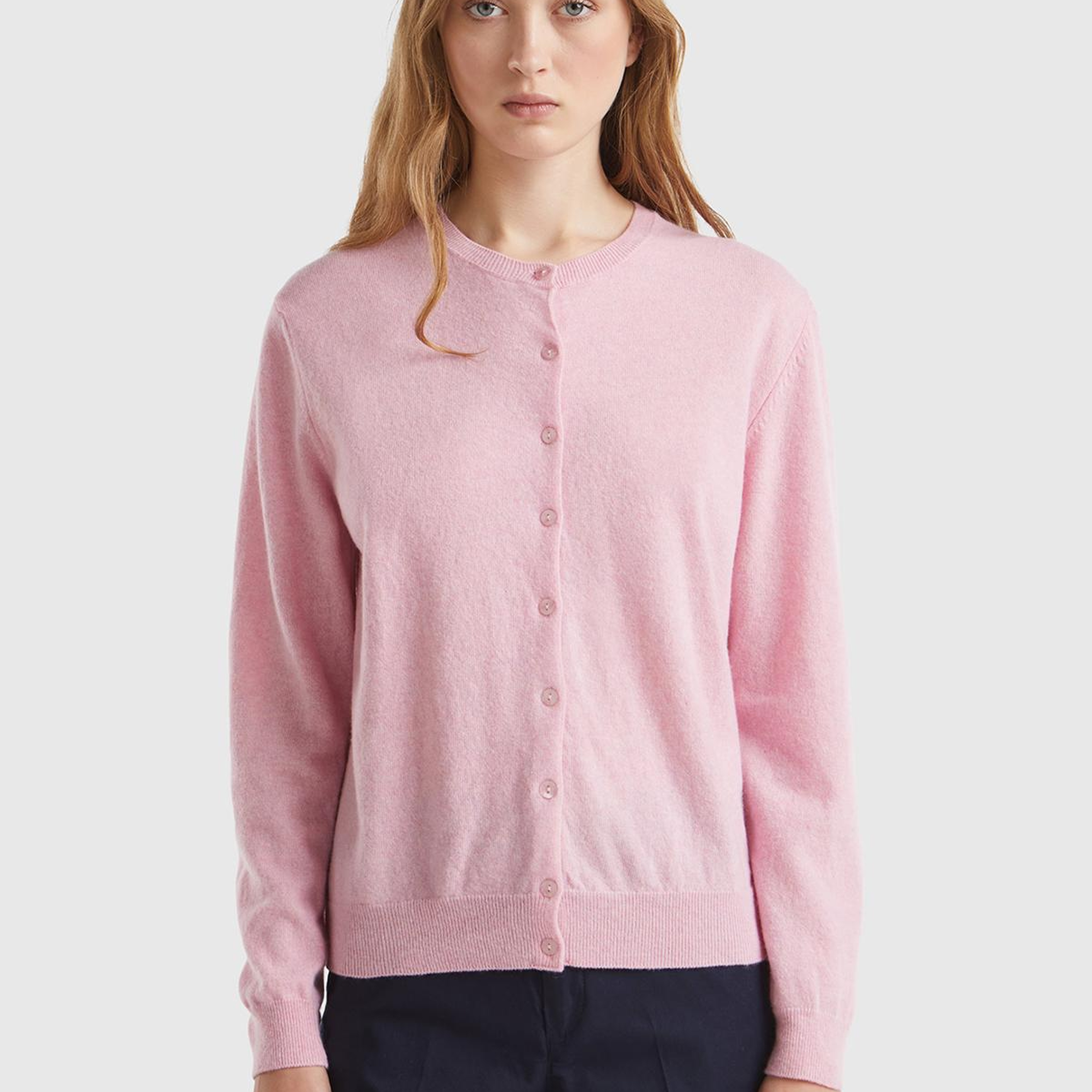 Kadın Açık Pembe %100 Merino Bisiklet Yaka  Hırka