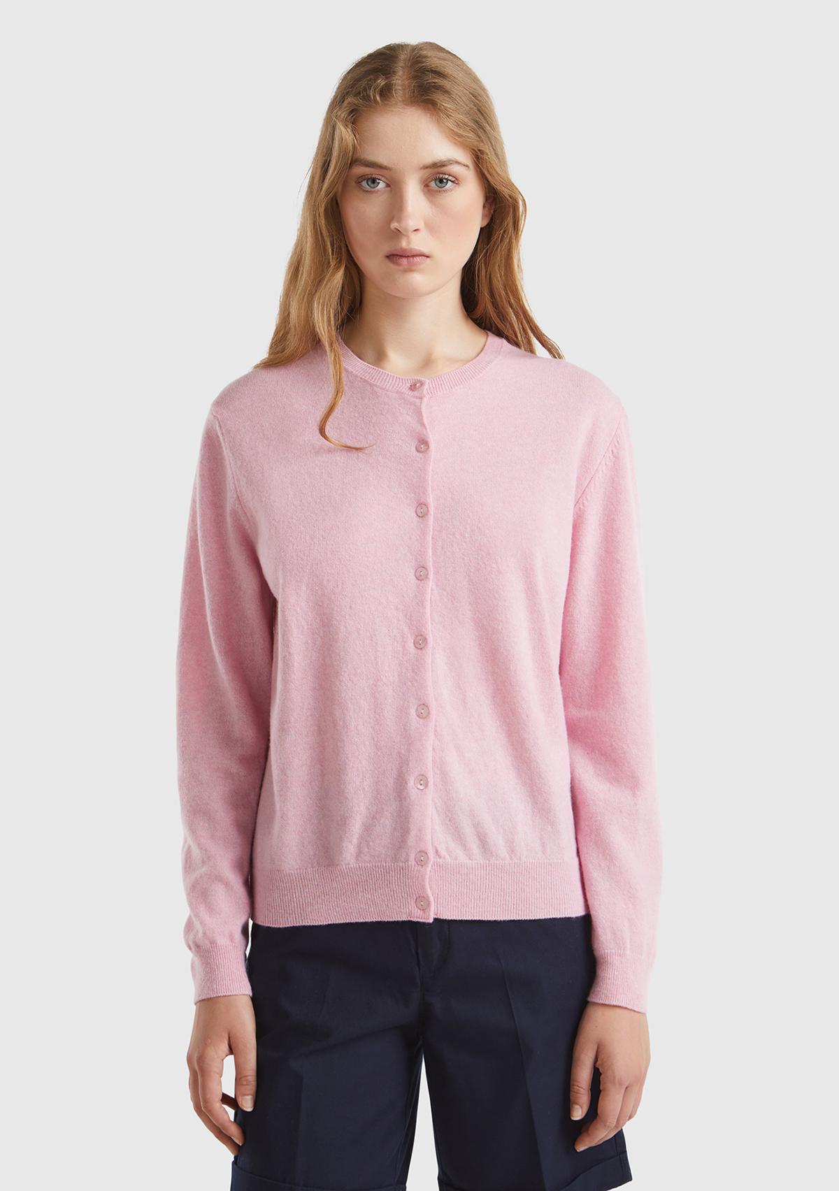 Kadın Açık Pembe %100 Merino Bisiklet Yaka  Hırka