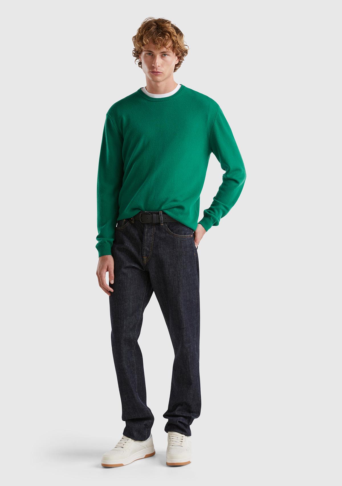 Erkek Yeşil %100 Merino Bisiklet Yaka  Kazak