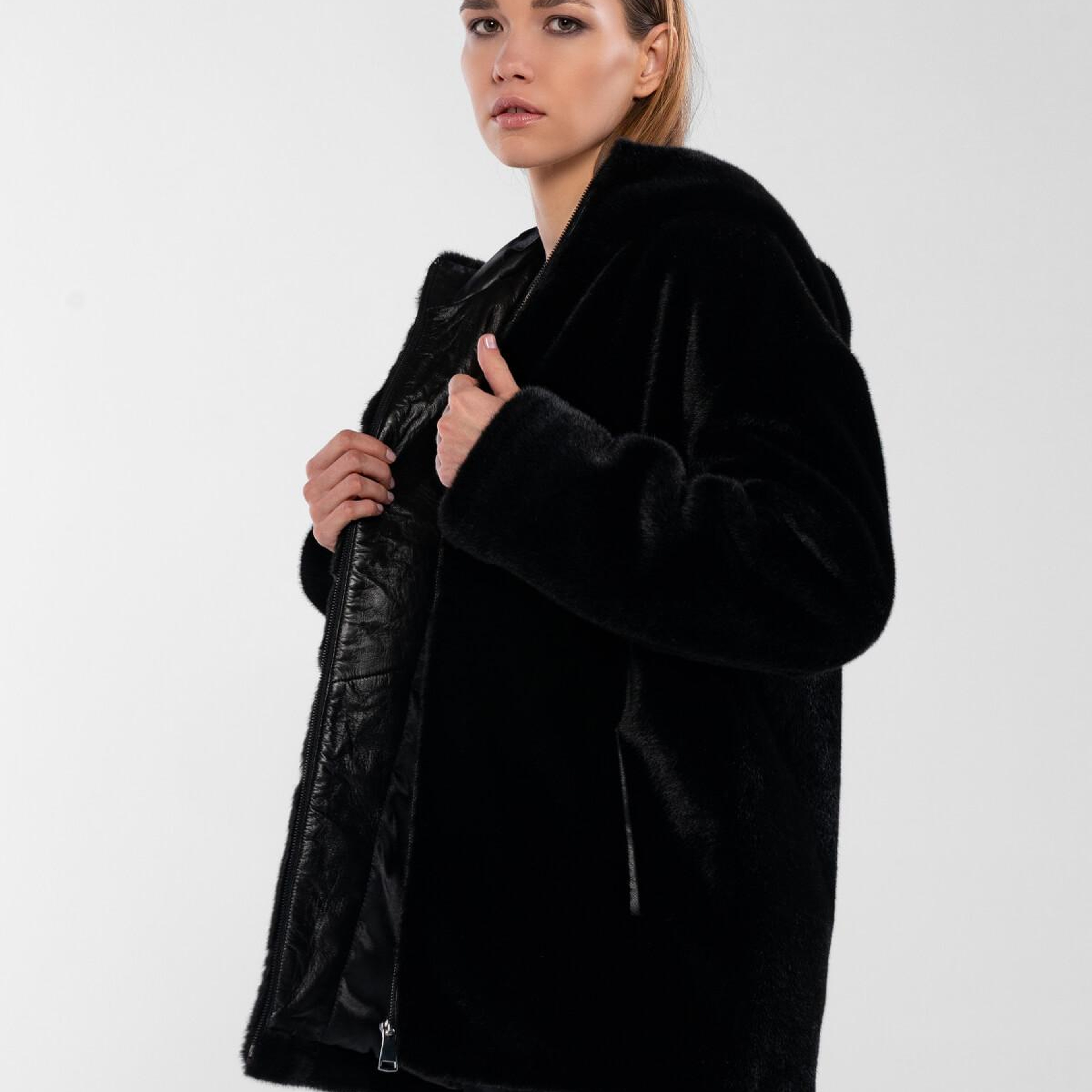 Tamer Tanca Kadın Peluş Siyah Kumaş Mont Deri Mont