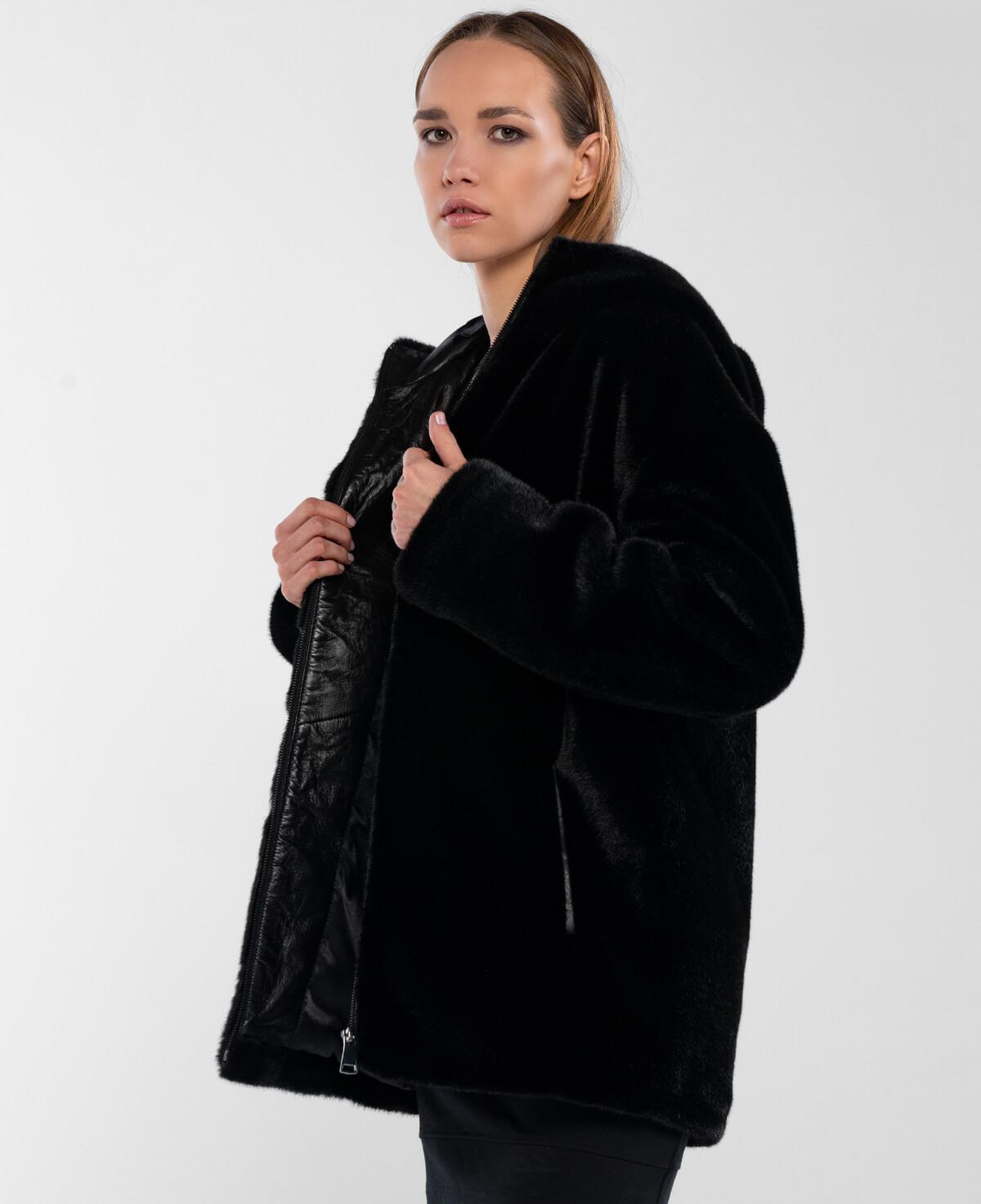 Tamer Tanca Kadın Peluş Siyah Kumaş Mont Deri Mont