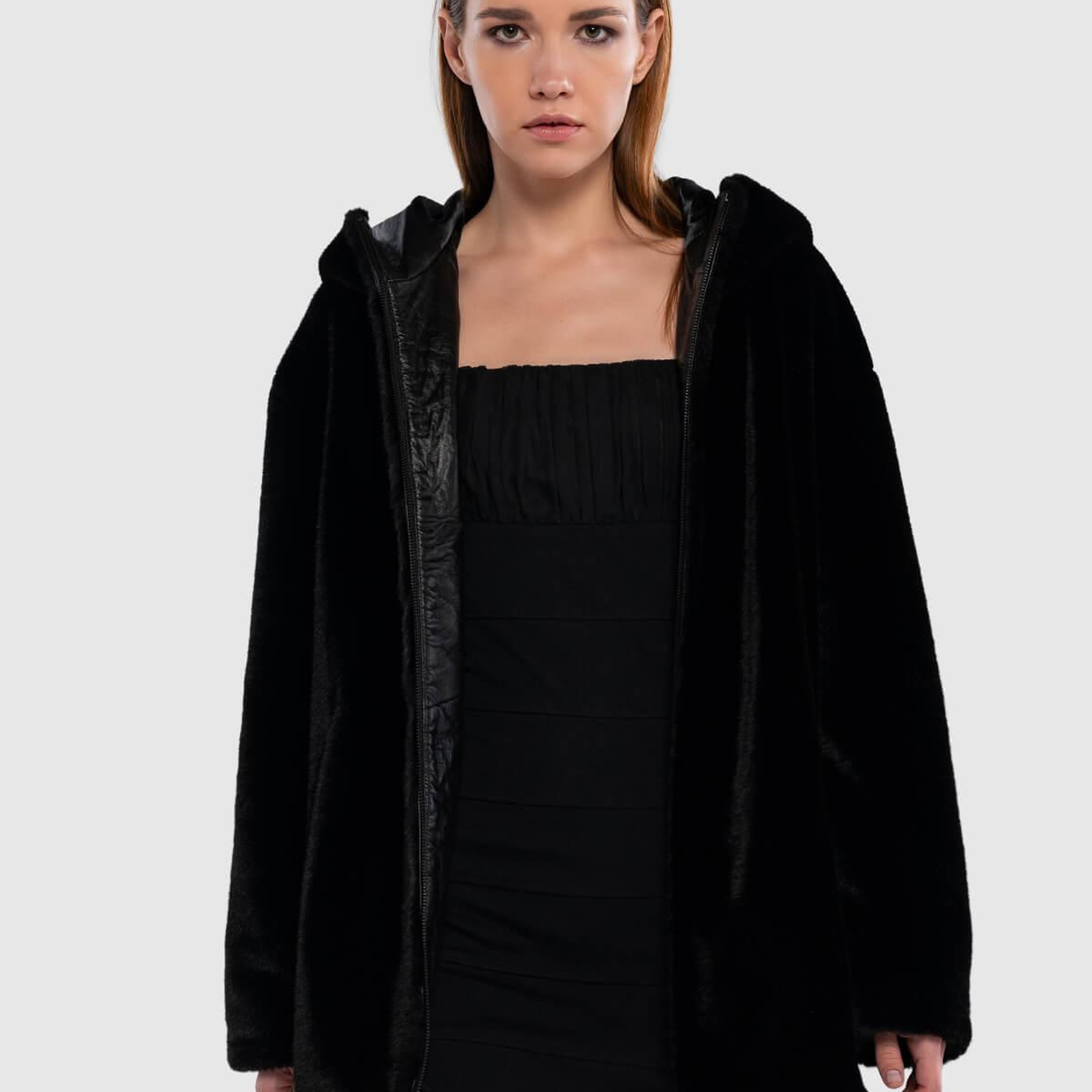 Tamer Tanca Kadın Peluş Siyah Kumaş Mont Deri Mont