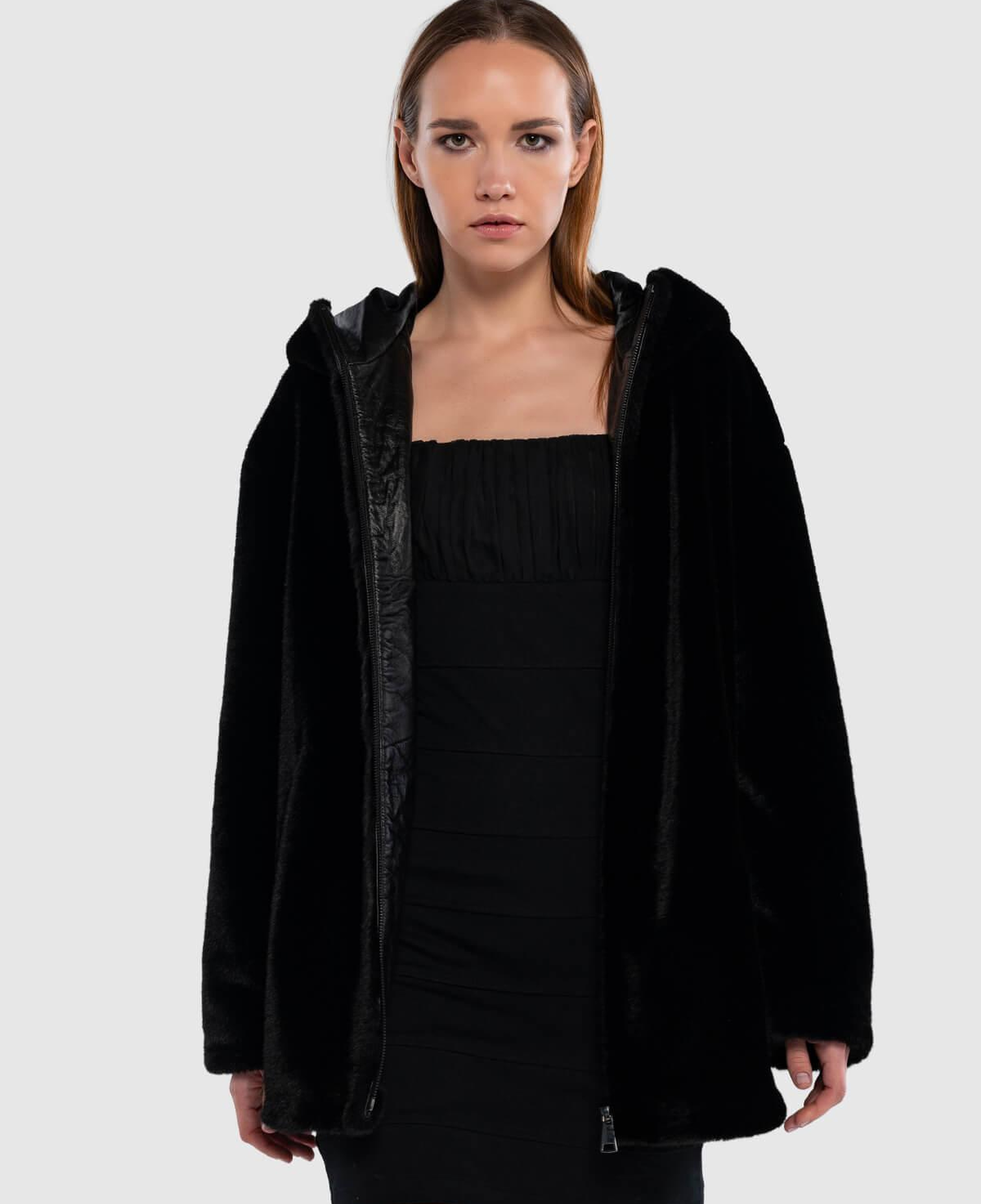 Tamer Tanca Kadın Peluş Siyah Kumaş Mont Deri Mont