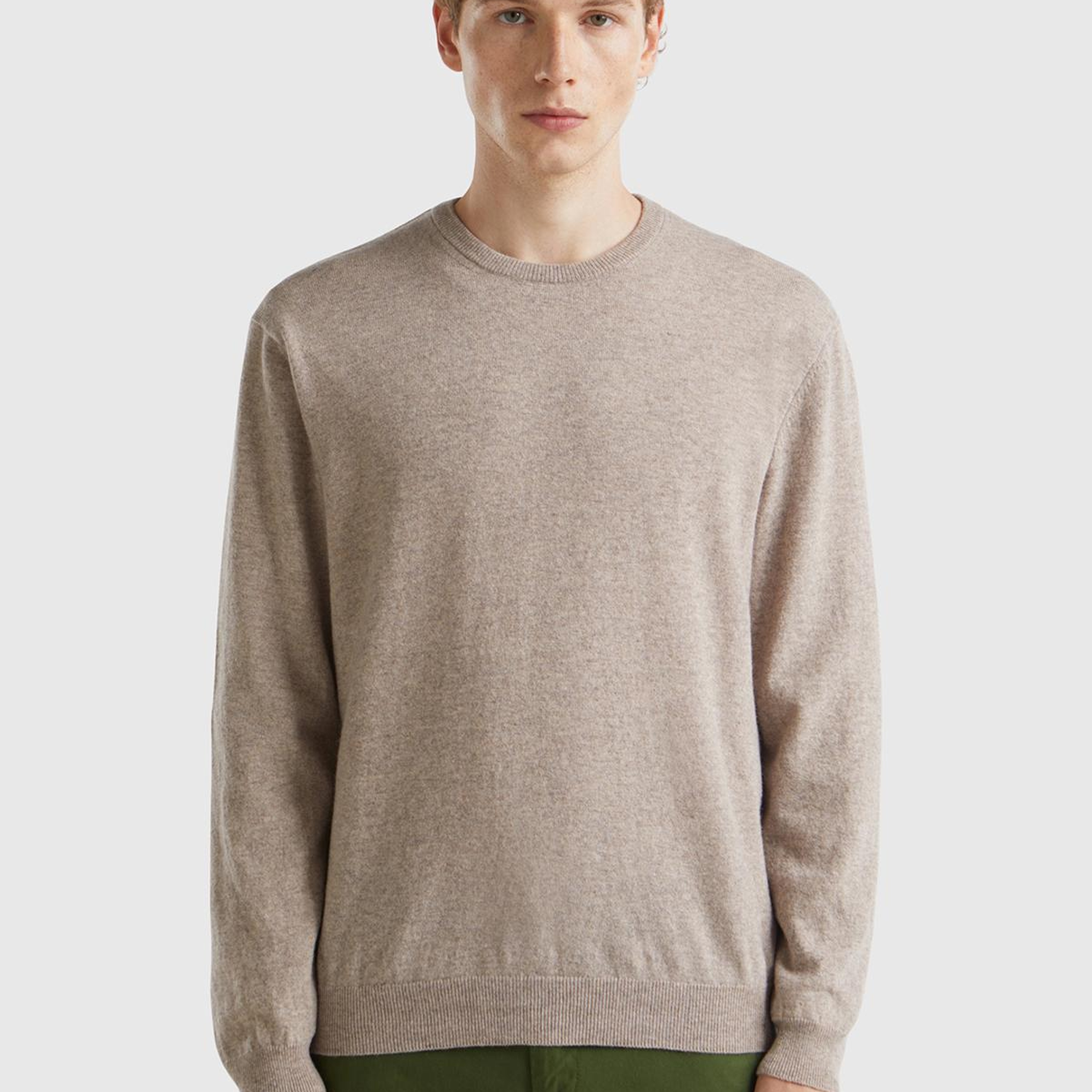 Erkek Bej Melanj %100 Merino Bisiklet Yaka  Kazak