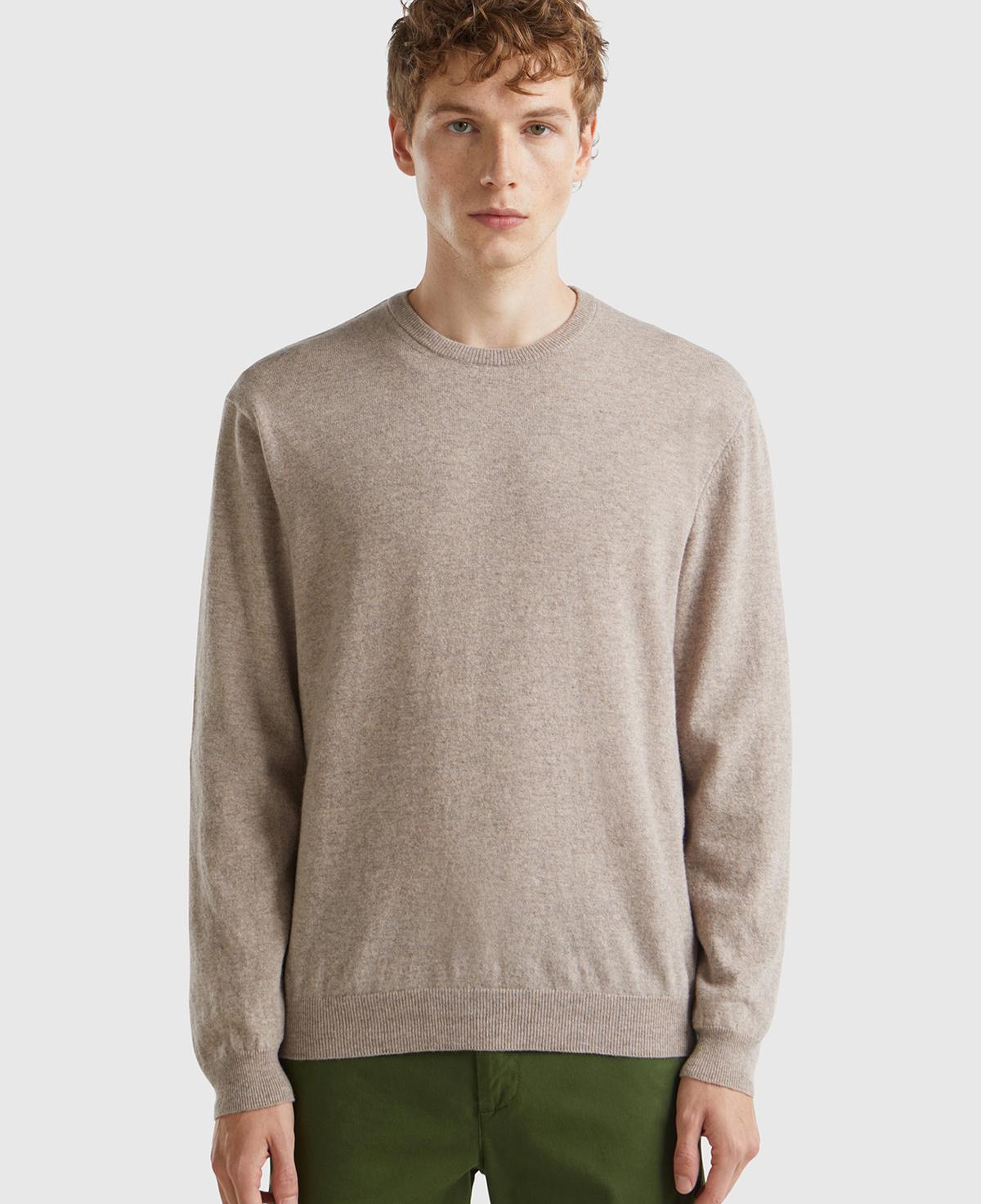 Erkek Bej Melanj %100 Merino Bisiklet Yaka  Kazak