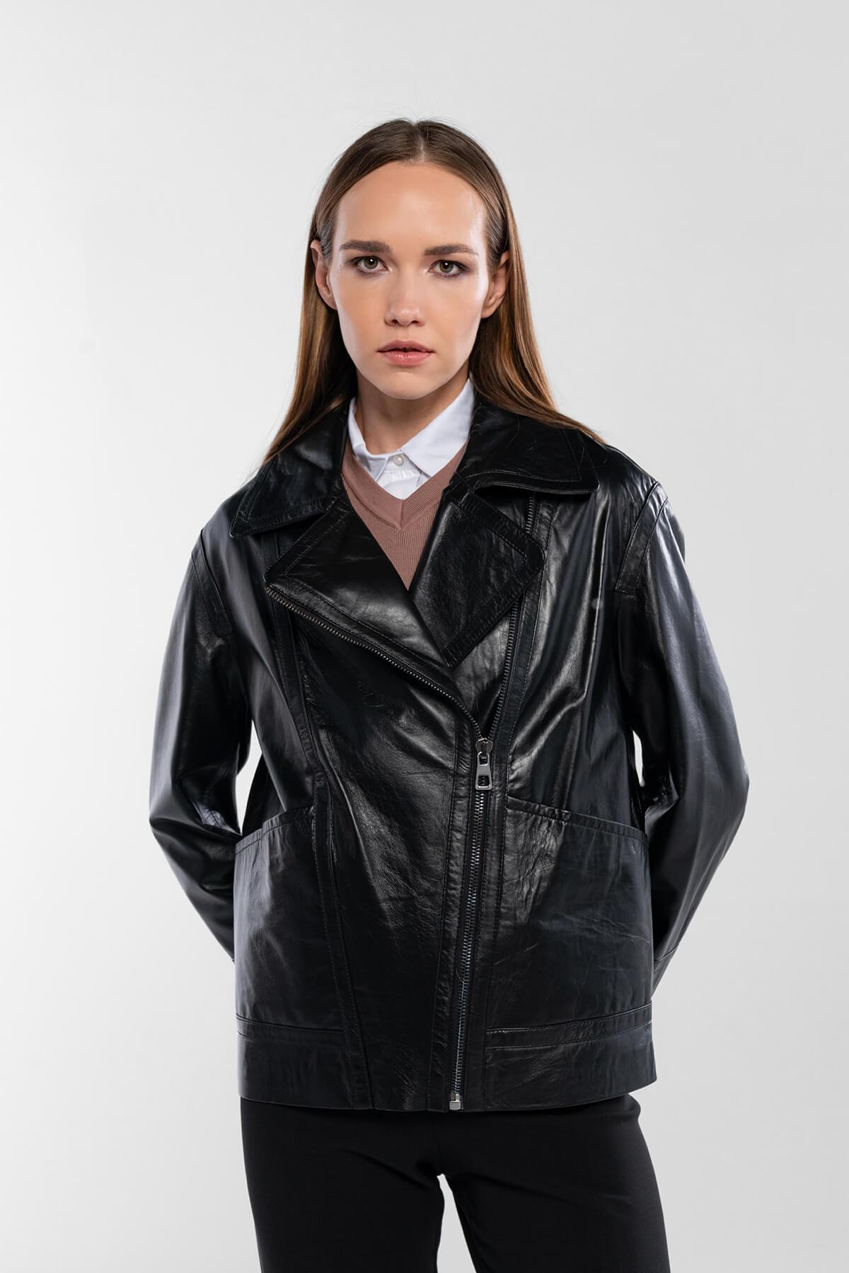 Tamer Tanca Kadın Hakiki Deri Siyah Deri Mont