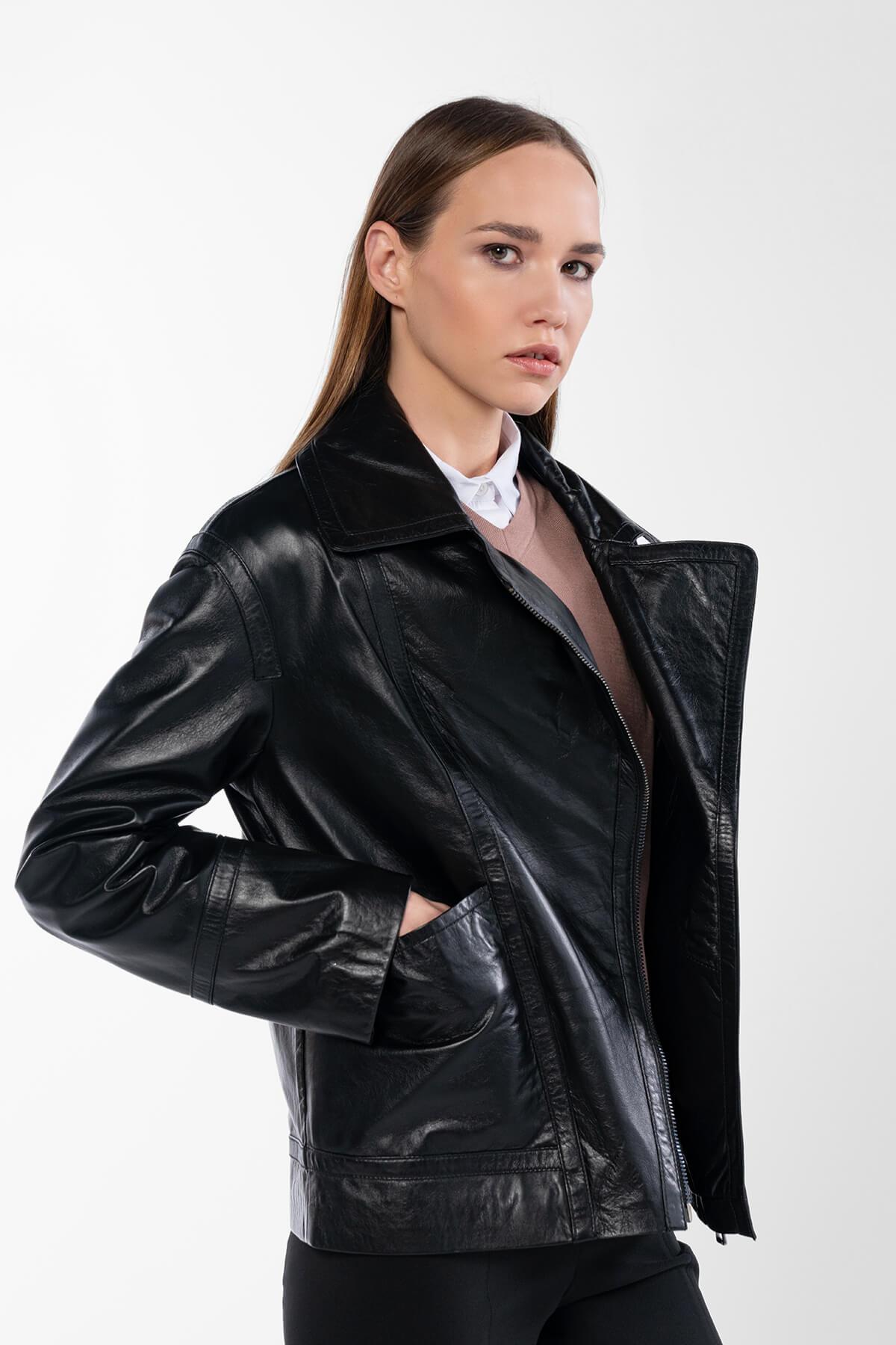 Tamer Tanca Kadın Hakiki Deri Siyah Deri Mont