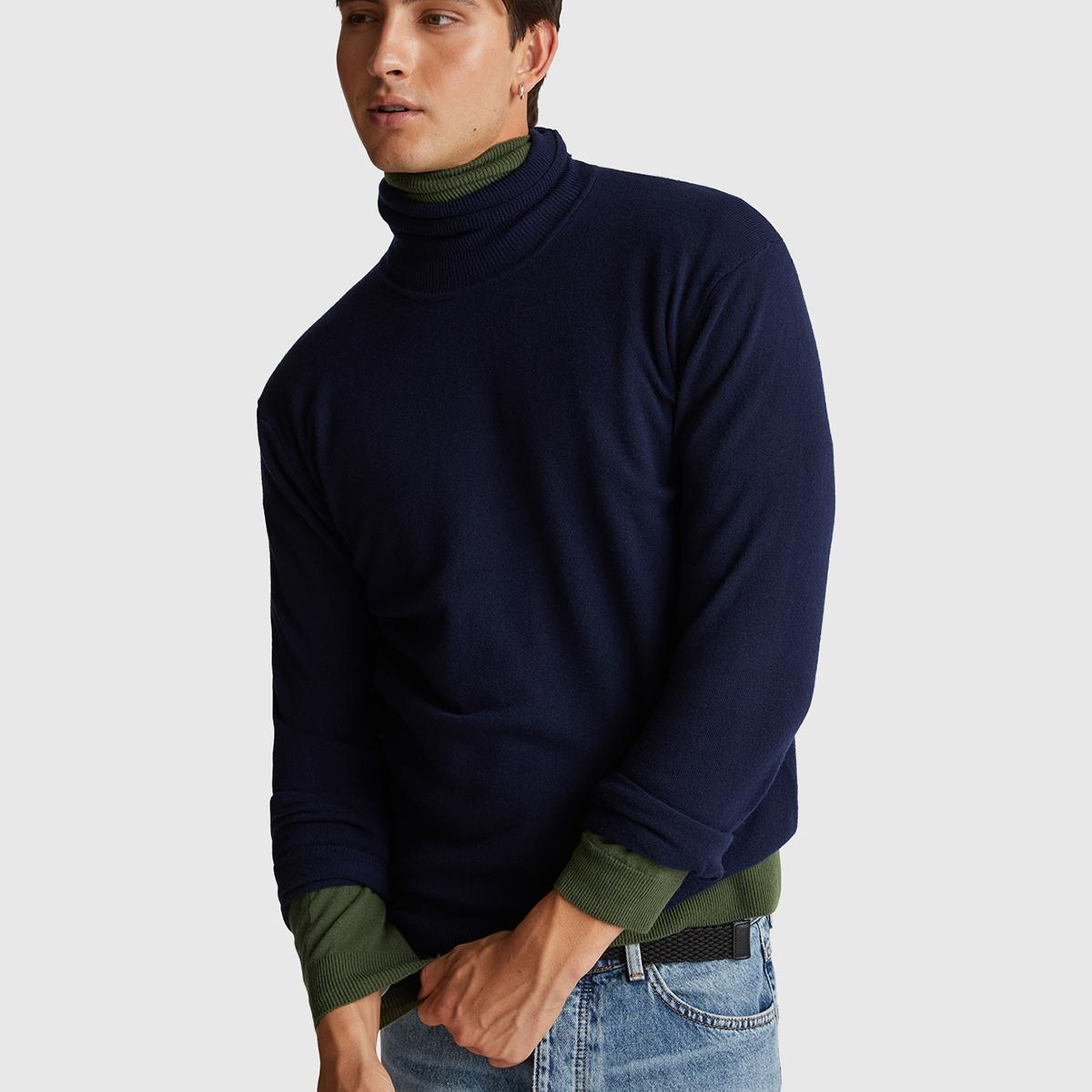 Erkek Lacivert %100 Merino Boğazlı  Kazak