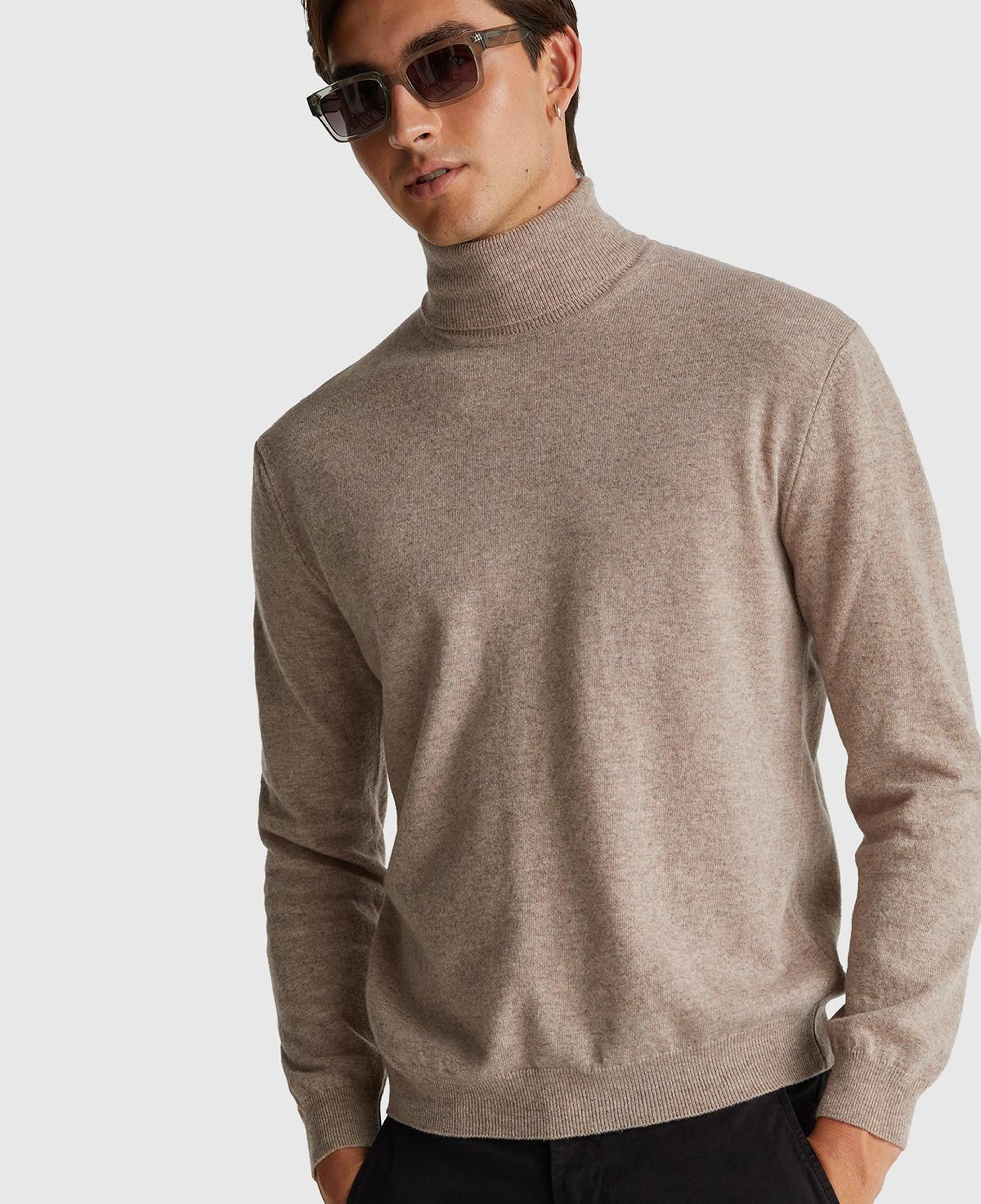 Erkek Bej Melanj %100 Merino Boğazlı  Kazak