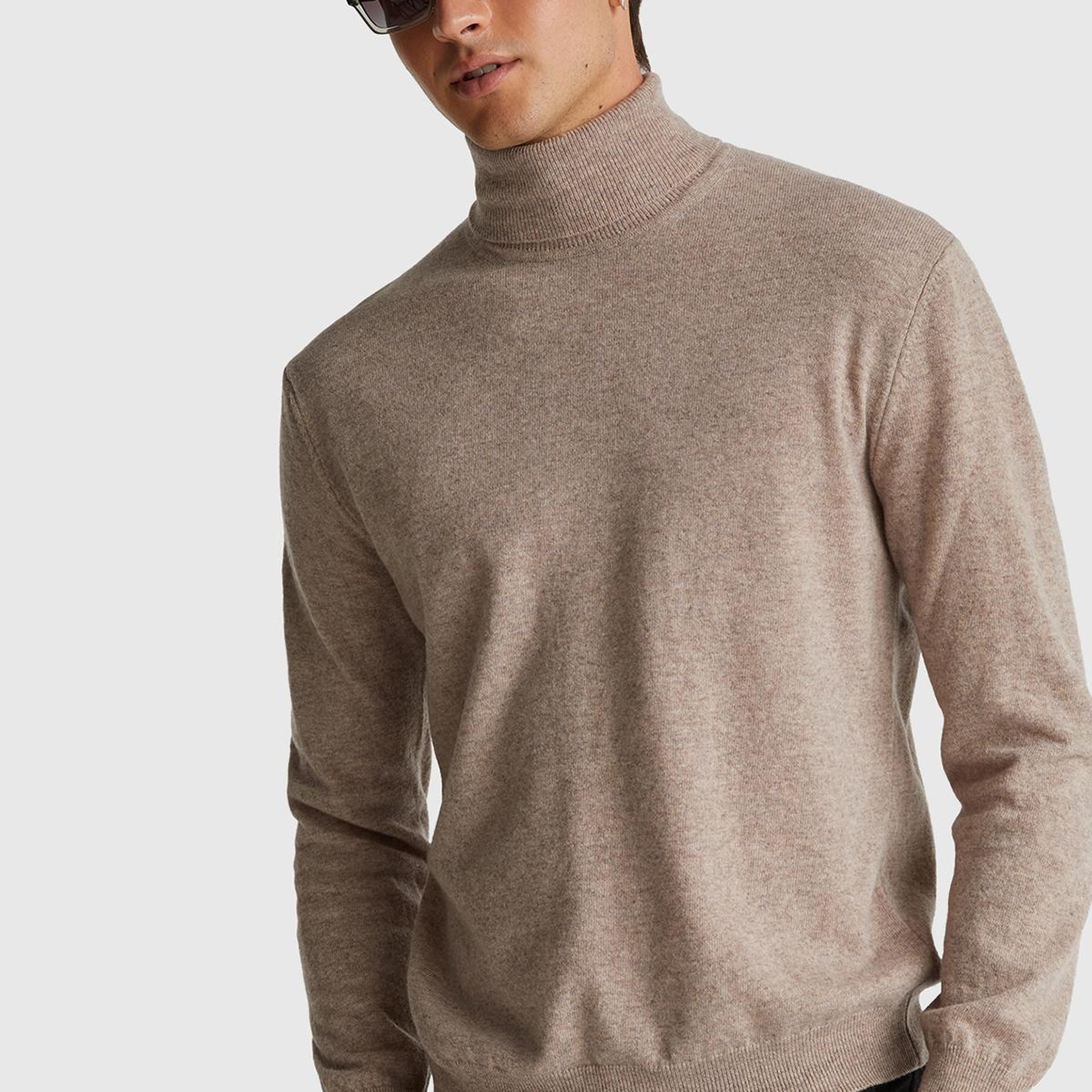 Erkek Bej Melanj %100 Merino Boğazlı  Kazak