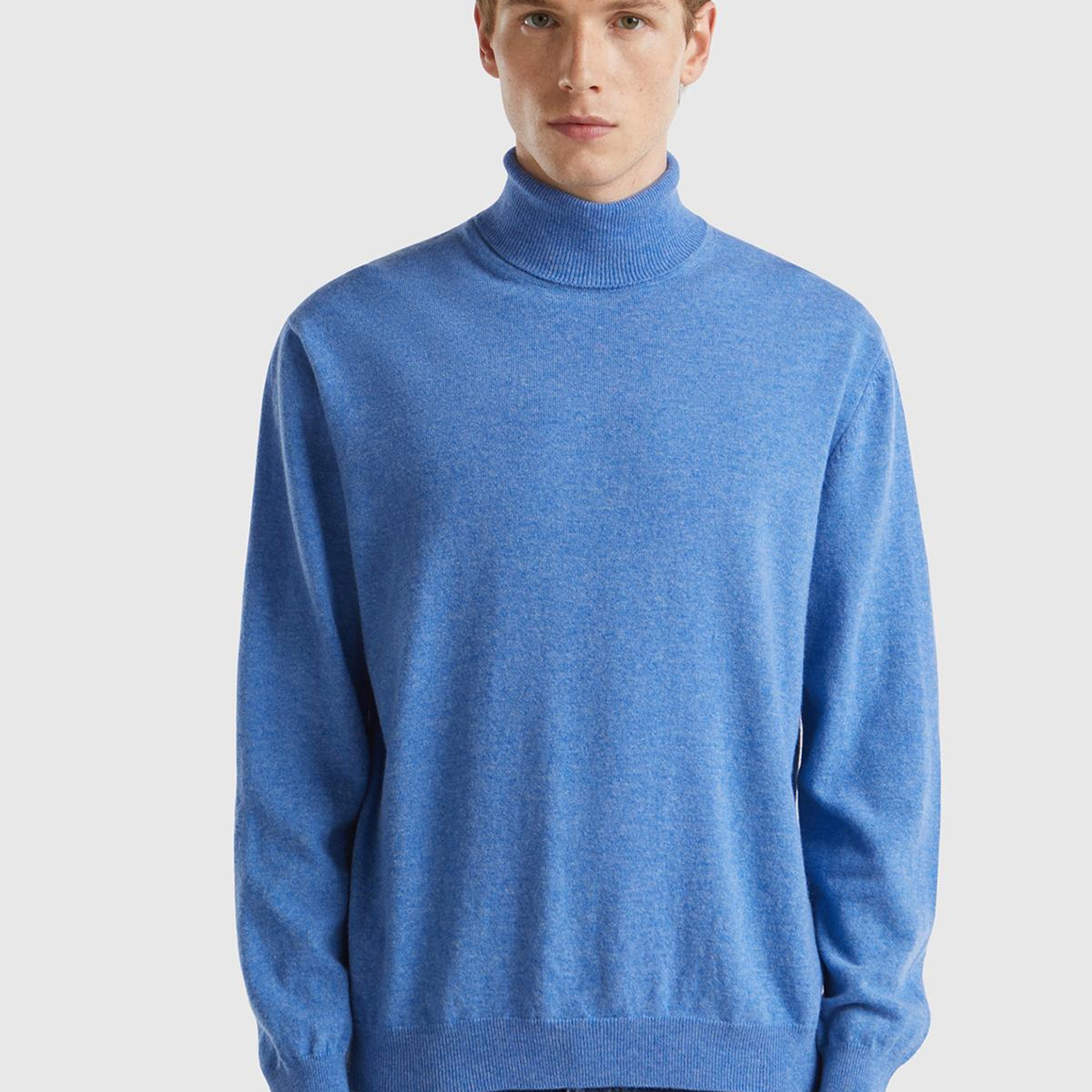 Erkek Mavi Melanj %100 Merino Boğazlı  Kazak