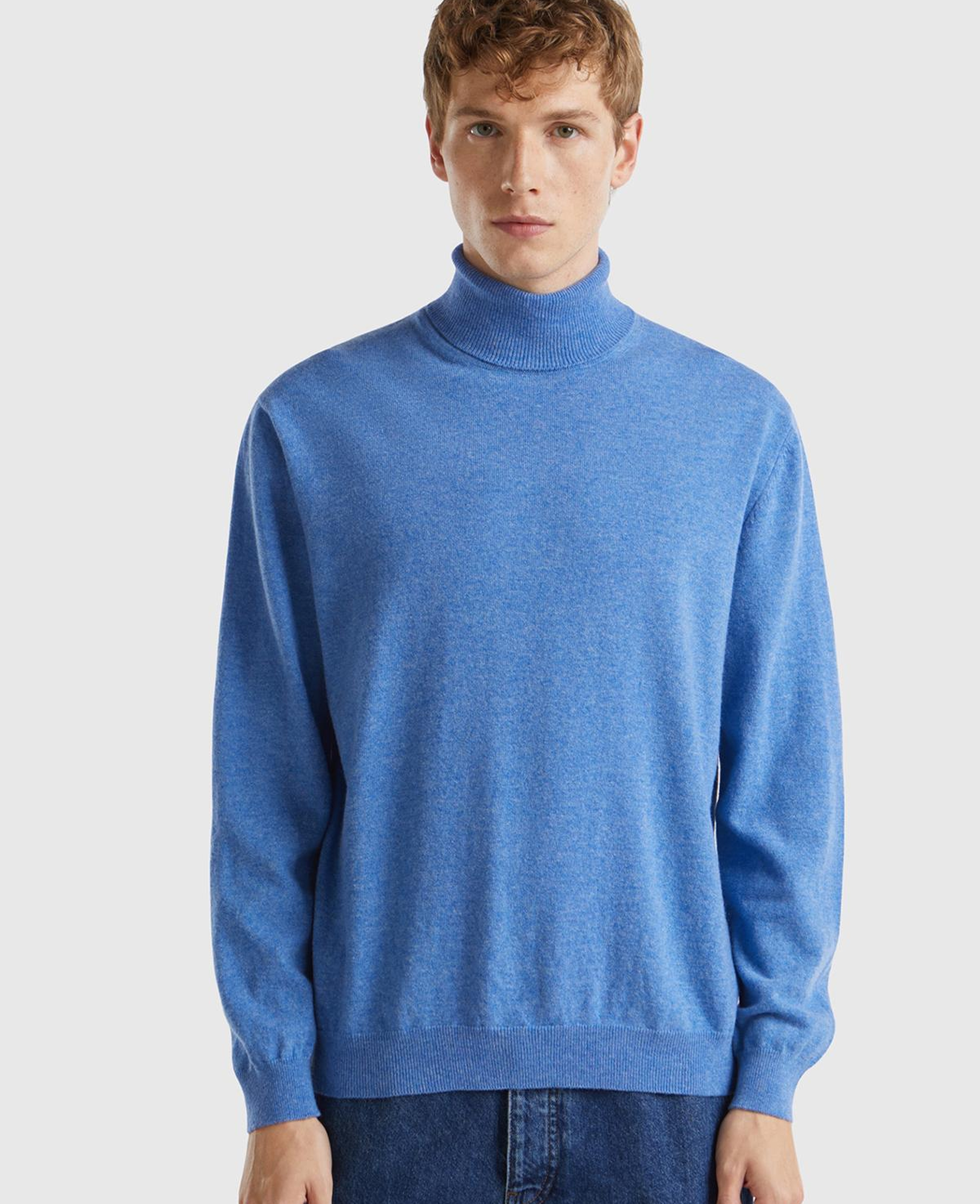 Erkek Mavi Melanj %100 Merino Boğazlı  Kazak