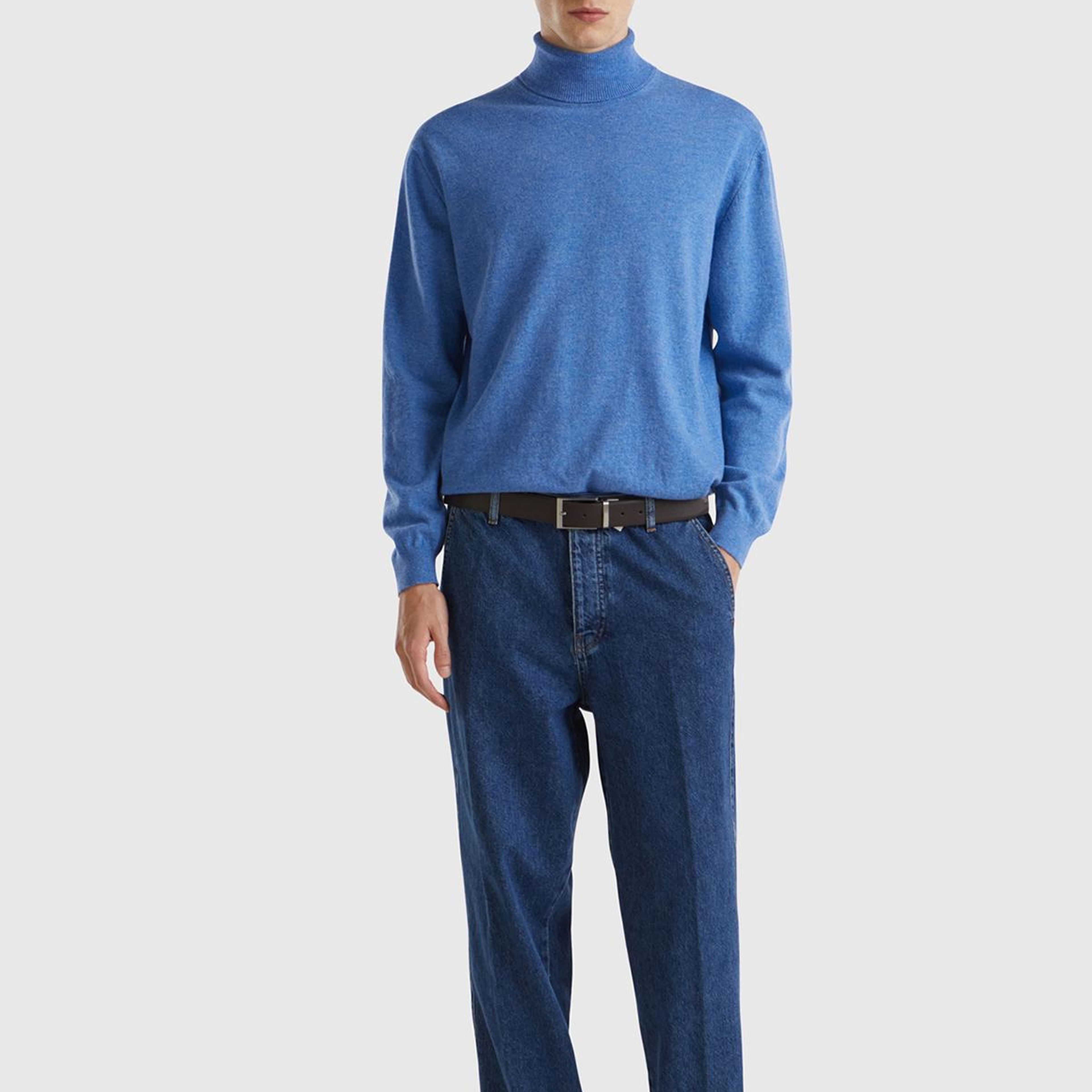 Erkek Mavi Melanj %100 Merino Boğazlı  Kazak