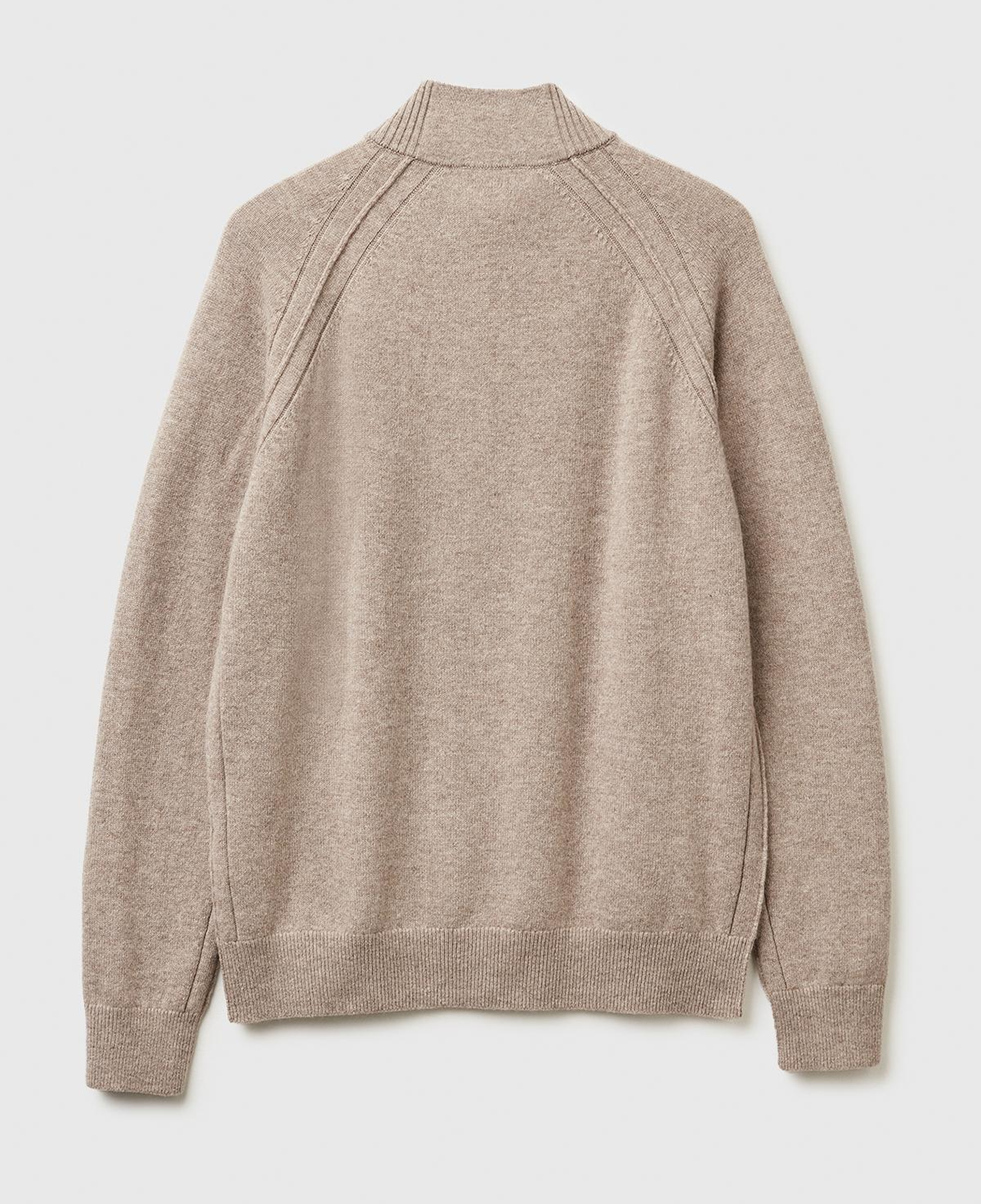 Erkek Bej Melanj %100 Yün Fermuar Detaylı Dik Yaka Kazak