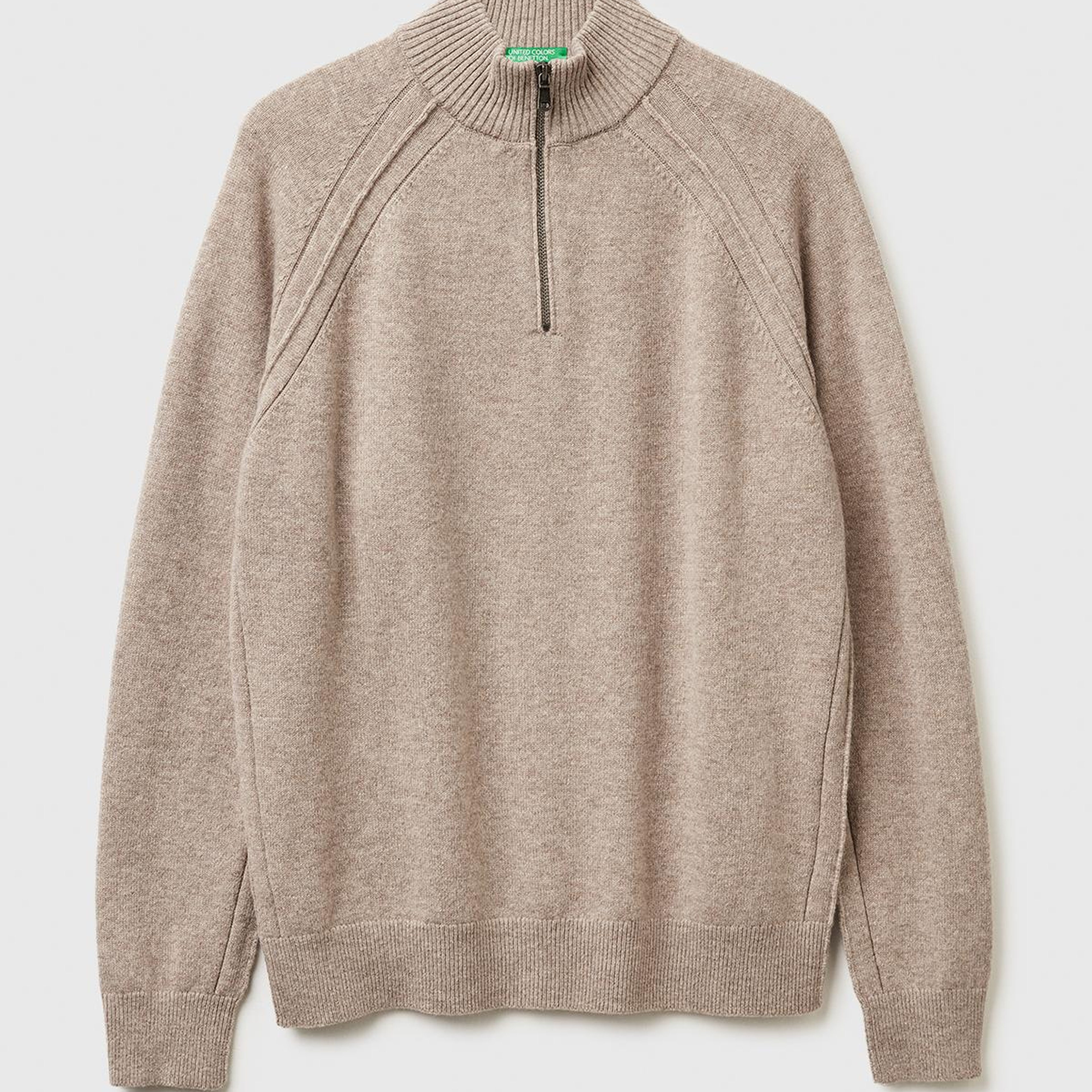 Erkek Bej Melanj %100 Yün Fermuar Detaylı Dik Yaka Kazak