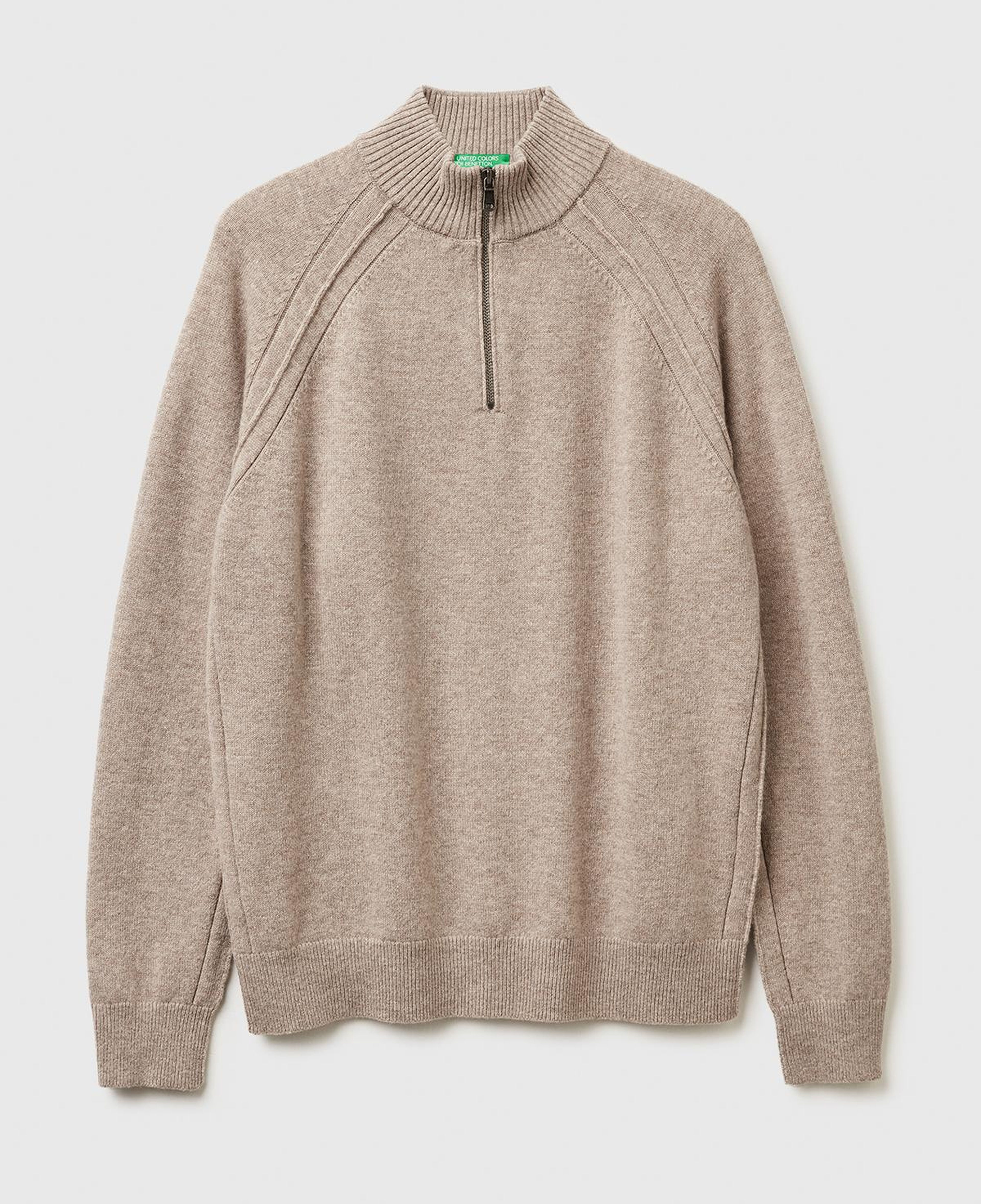 Erkek Bej Melanj %100 Yün Fermuar Detaylı Dik Yaka Kazak