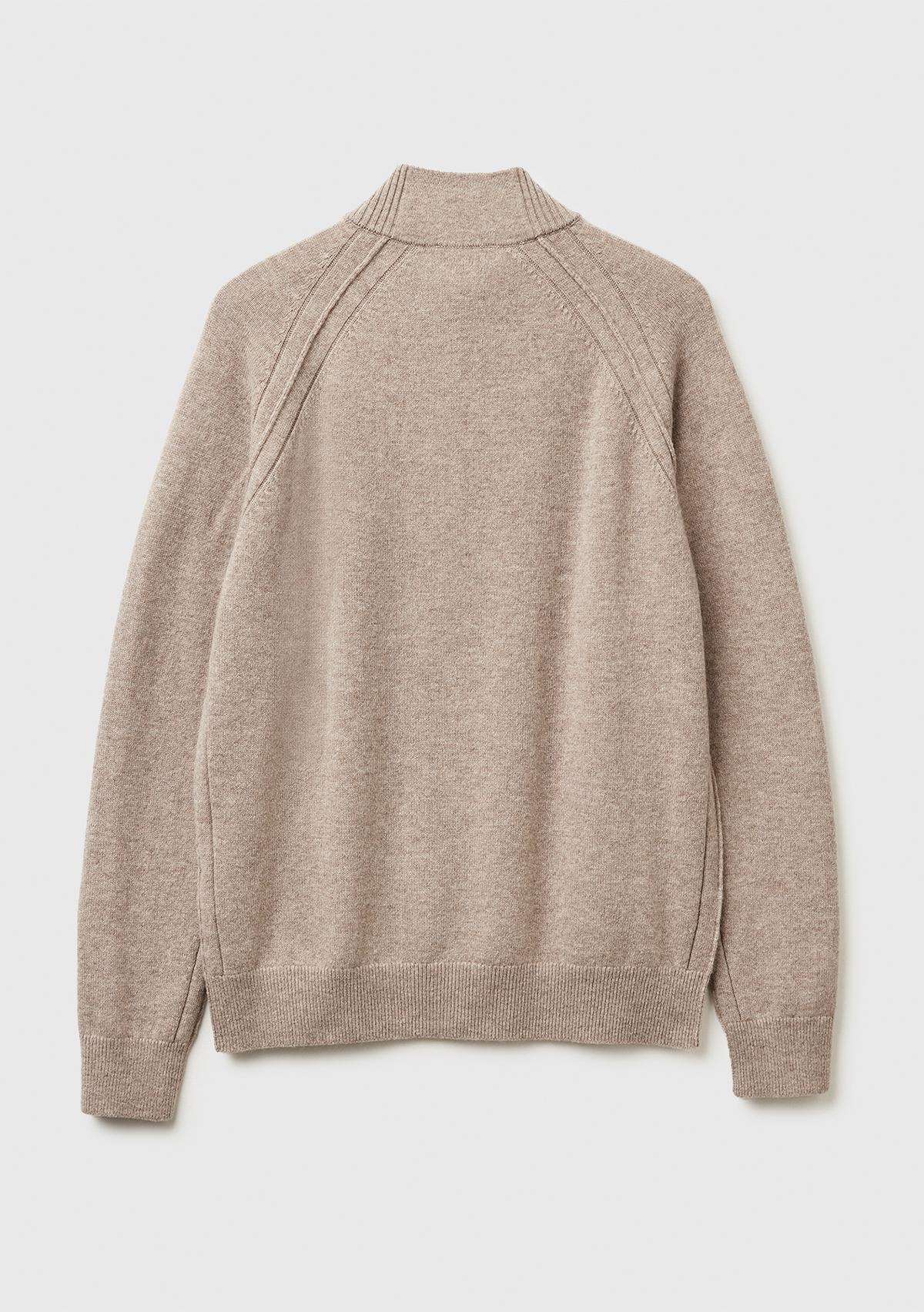 Erkek Bej Melanj %100 Yün Fermuar Detaylı Dik Yaka Kazak