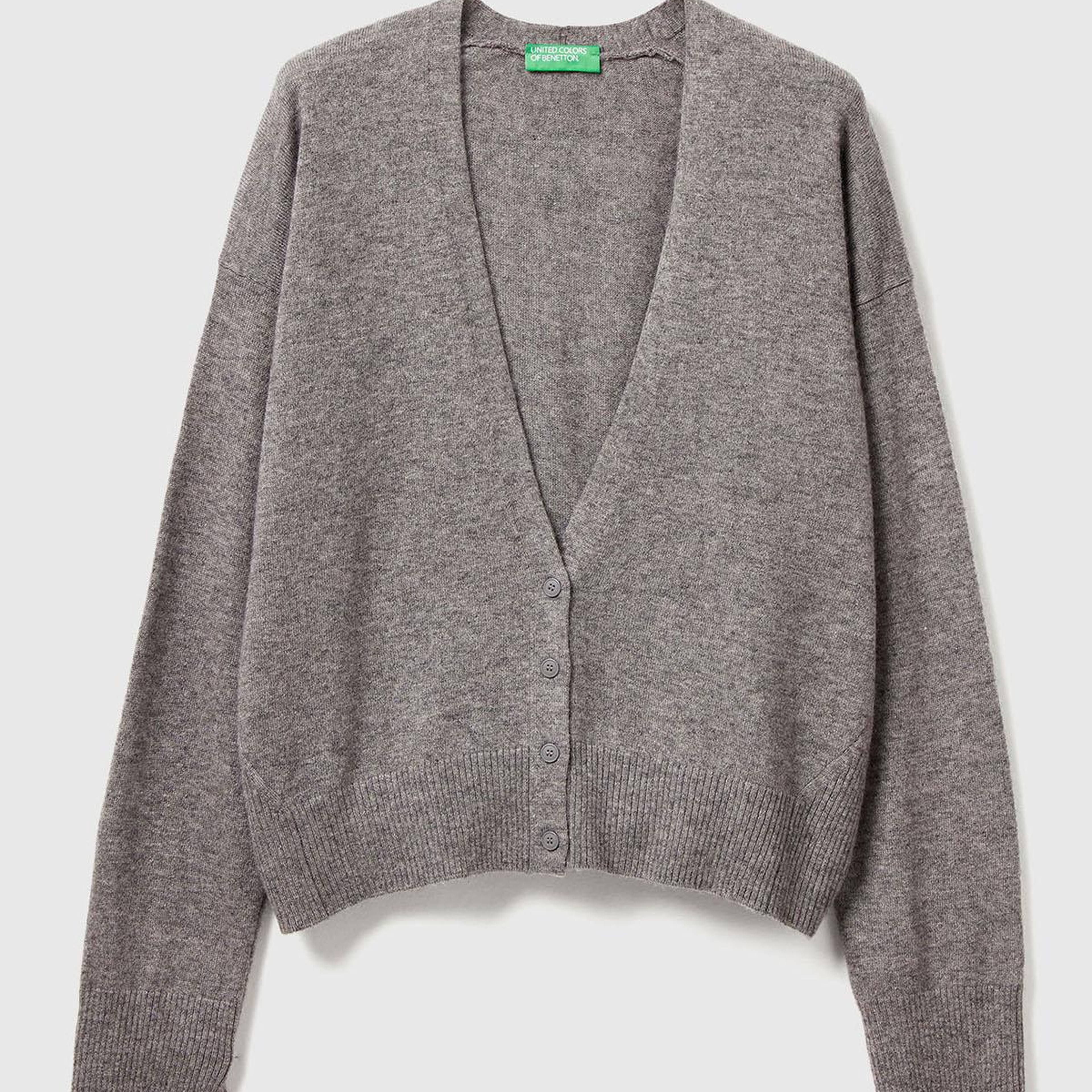 Kadın Antrasit Melanj Yün ve Kaşmir Karışımlı Ribana Detaylı Düğmeli Hırka