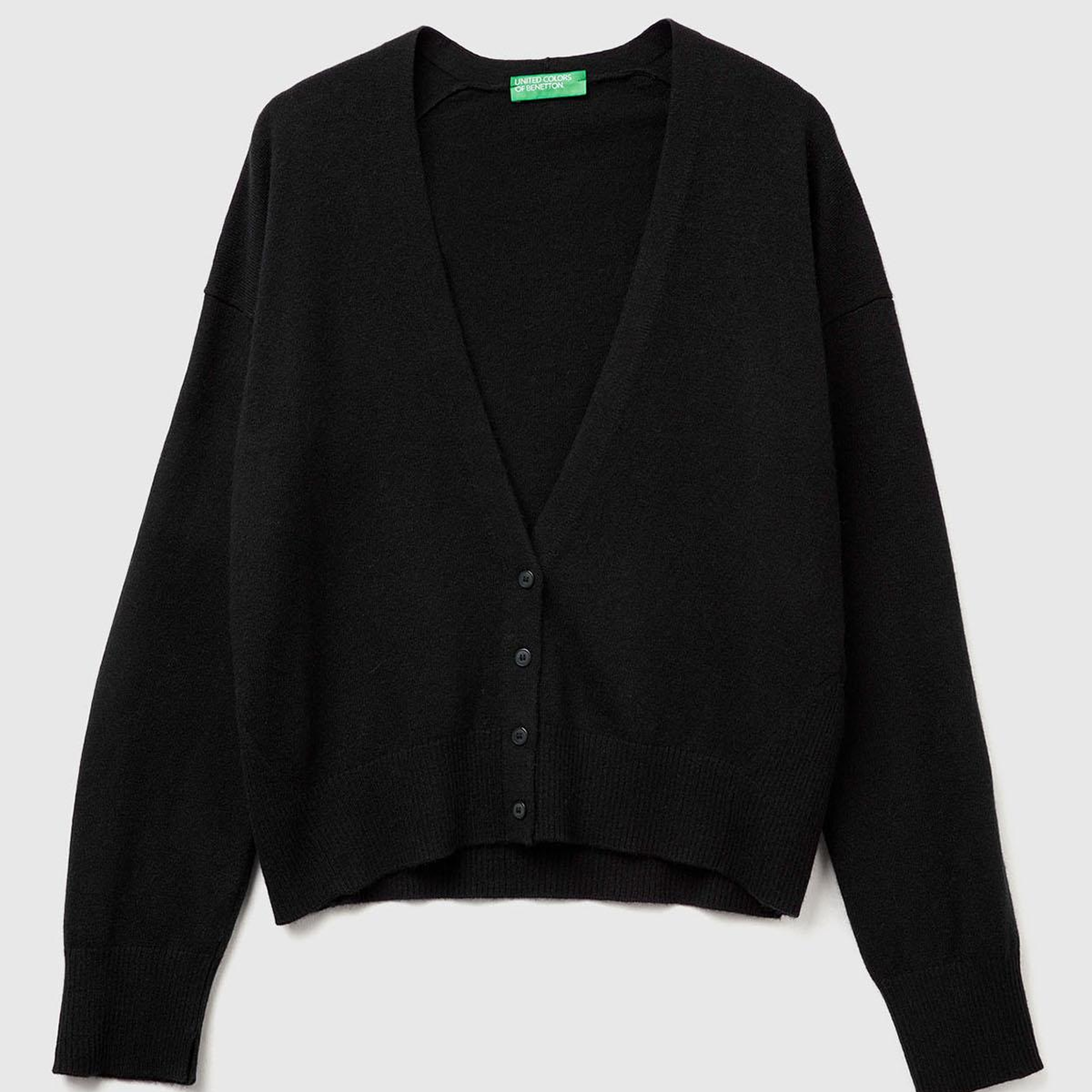 Kadın Sİyah Yün ve Kaşmir Karışımlı Ribana Detaylı Düğmeli Hırka