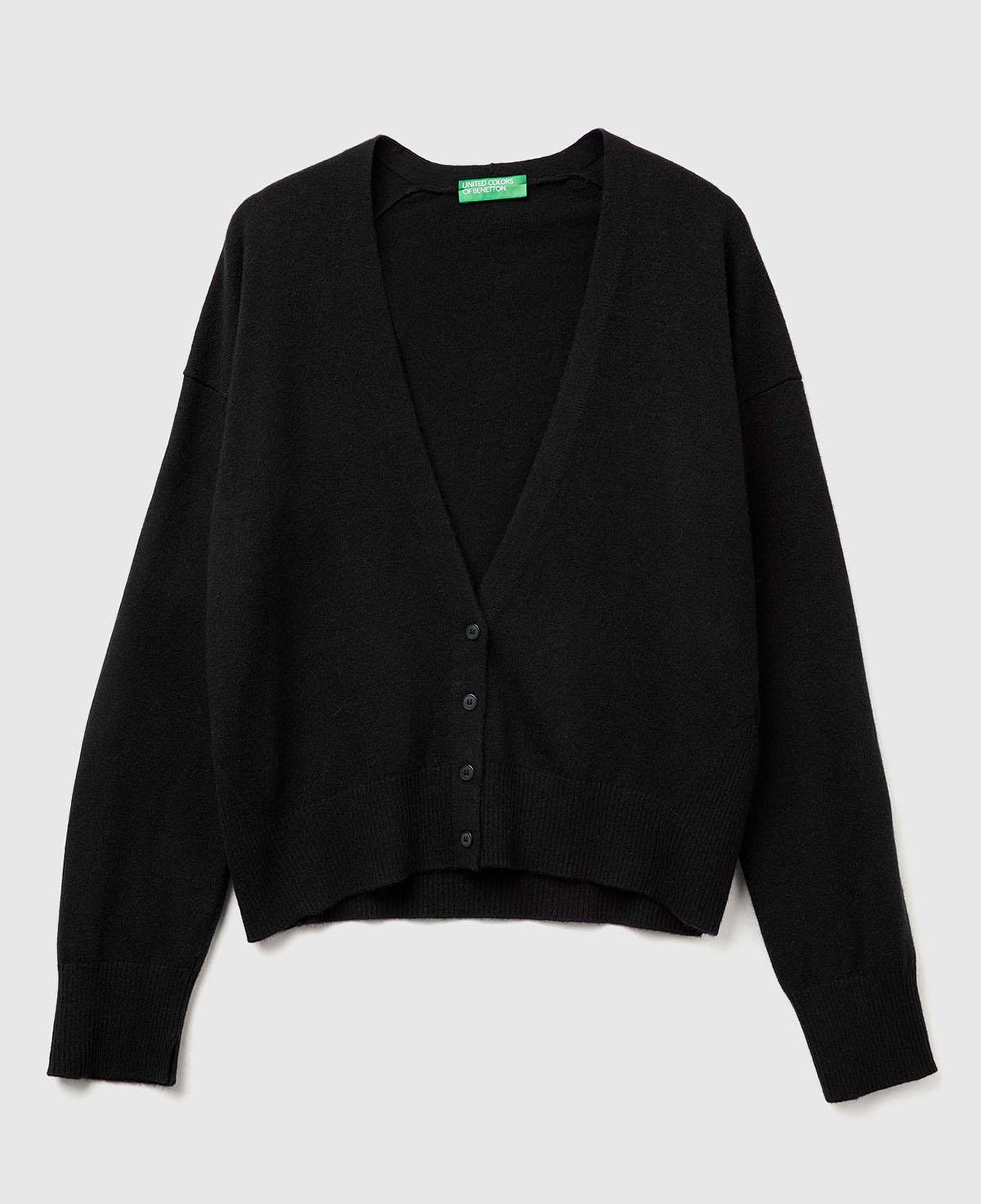 Kadın Sİyah Yün ve Kaşmir Karışımlı Ribana Detaylı Düğmeli Hırka