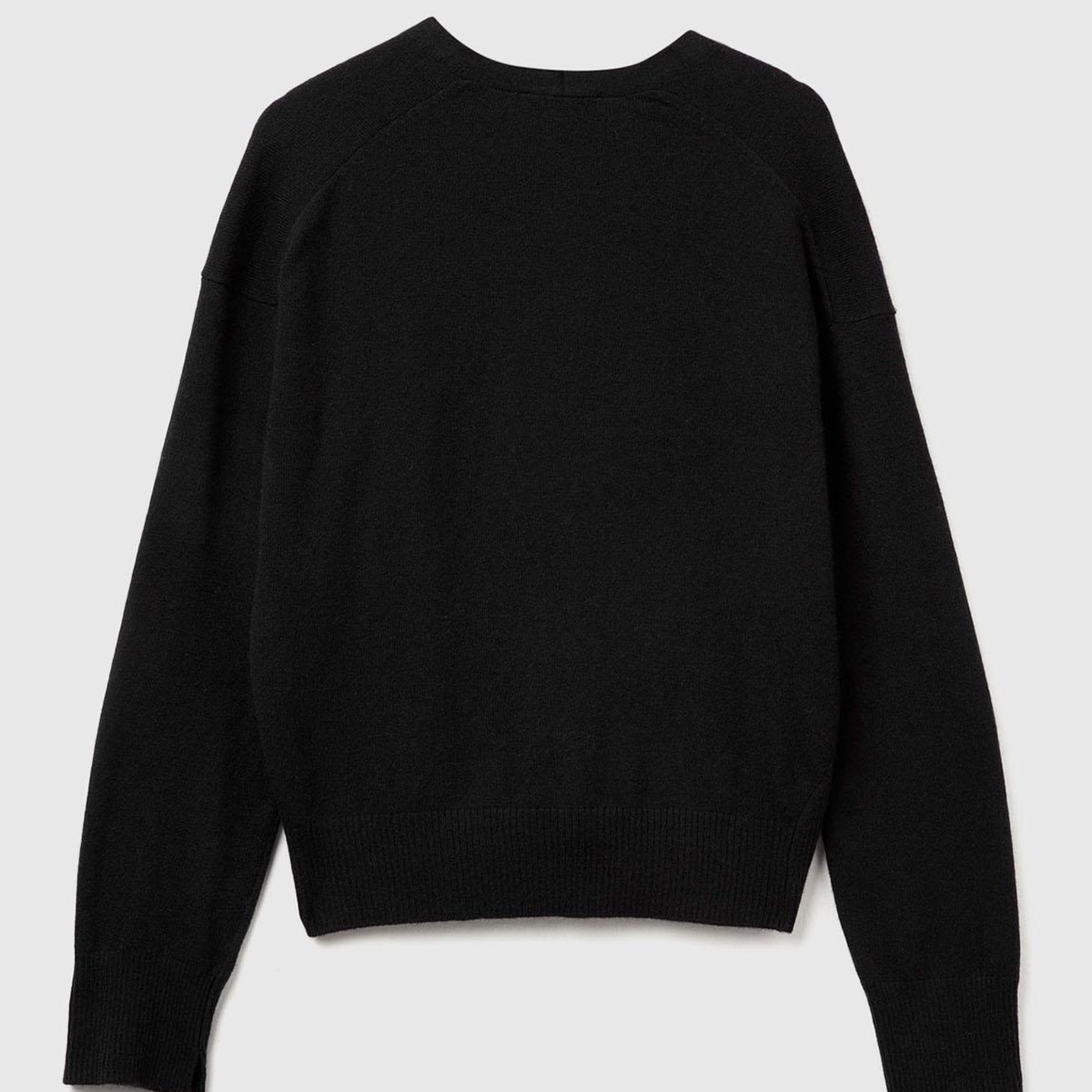 Kadın Sİyah Yün ve Kaşmir Karışımlı Ribana Detaylı Düğmeli Hırka