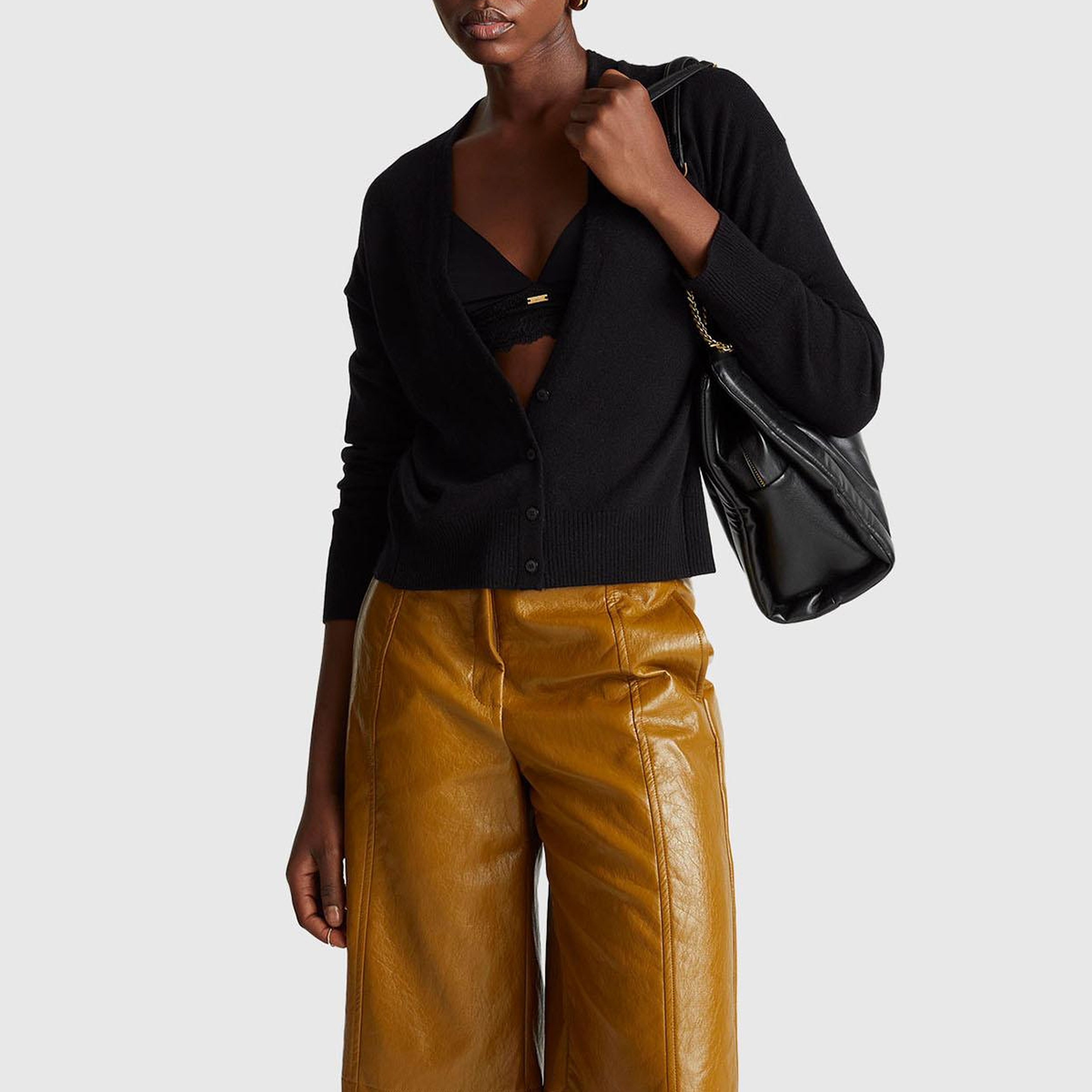 Kadın Sİyah Yün ve Kaşmir Karışımlı Ribana Detaylı Düğmeli Hırka