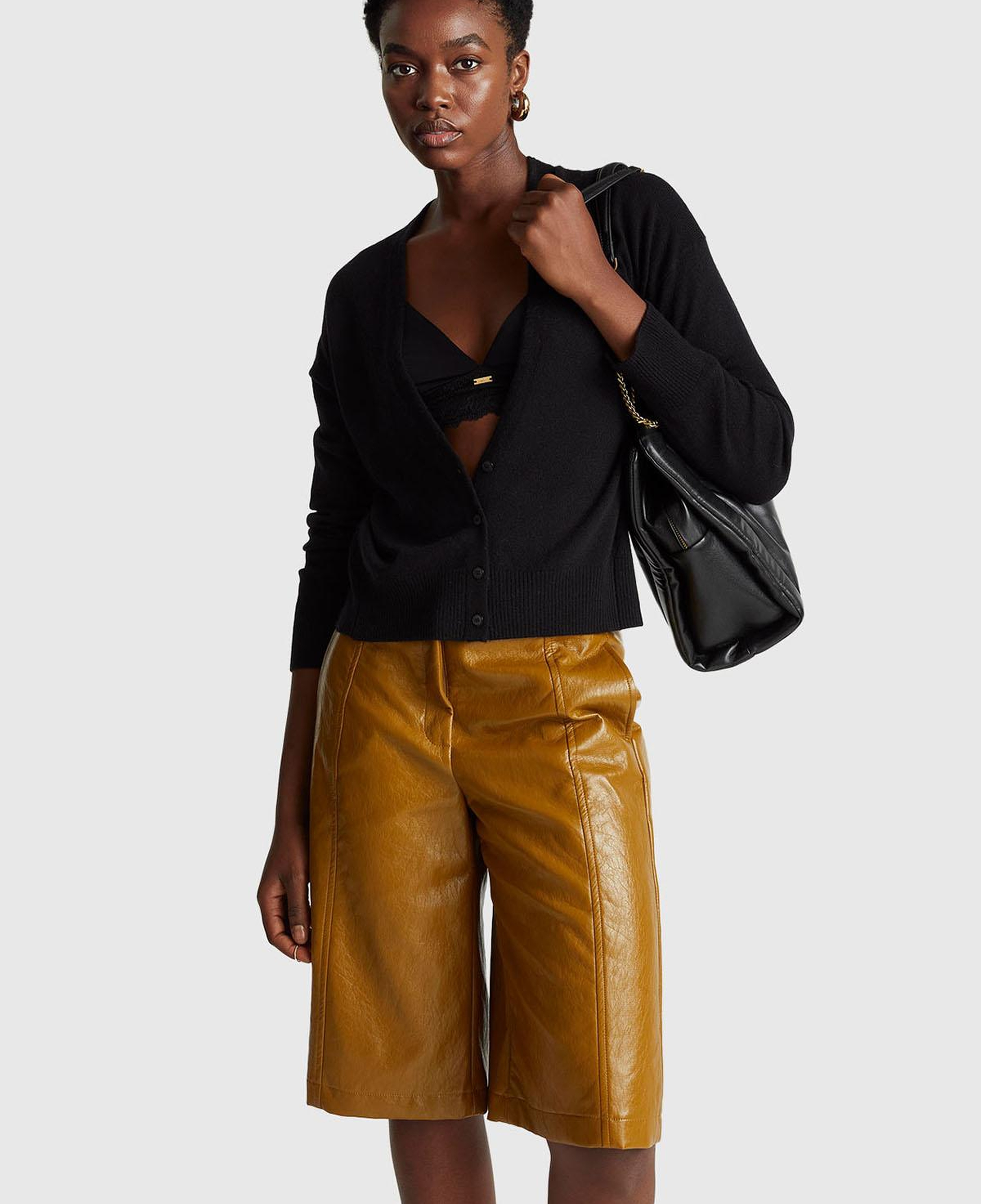 Kadın Sİyah Yün ve Kaşmir Karışımlı Ribana Detaylı Düğmeli Hırka