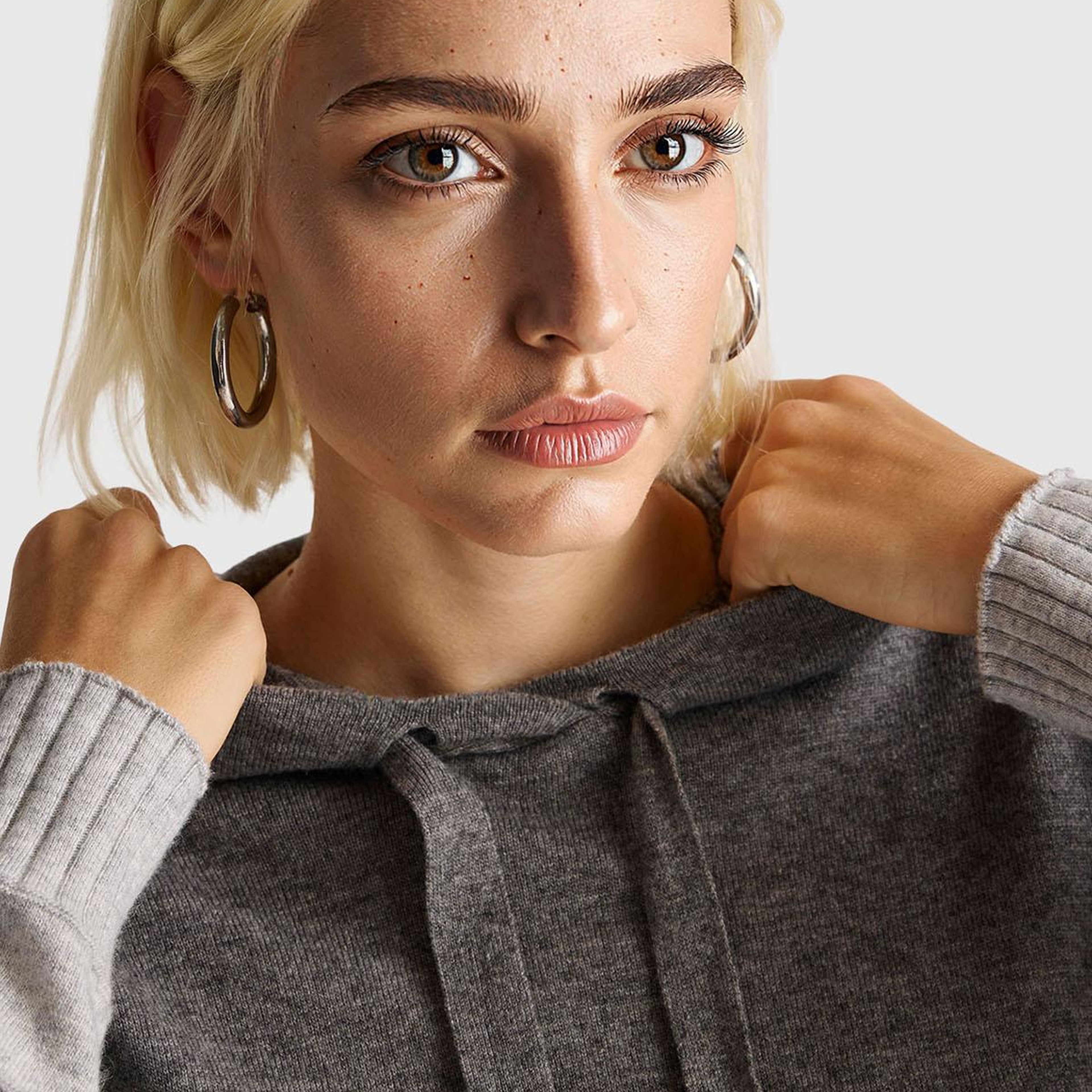 Kadın Antrasit Melanj Yün ve Kaşmir Karışımlı Kapüşonlu Kazak