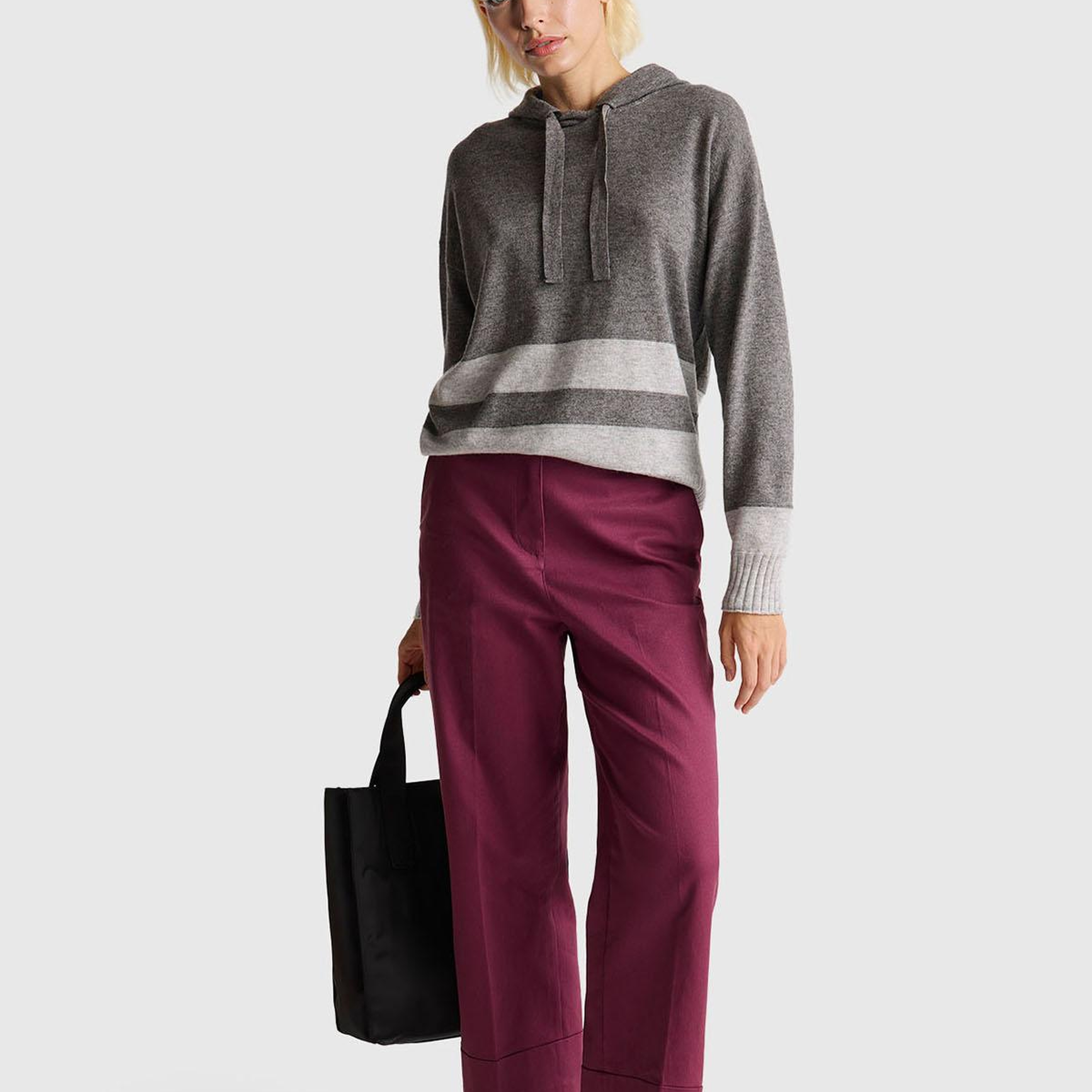 Kadın Antrasit Melanj Yün ve Kaşmir Karışımlı Kapüşonlu Kazak