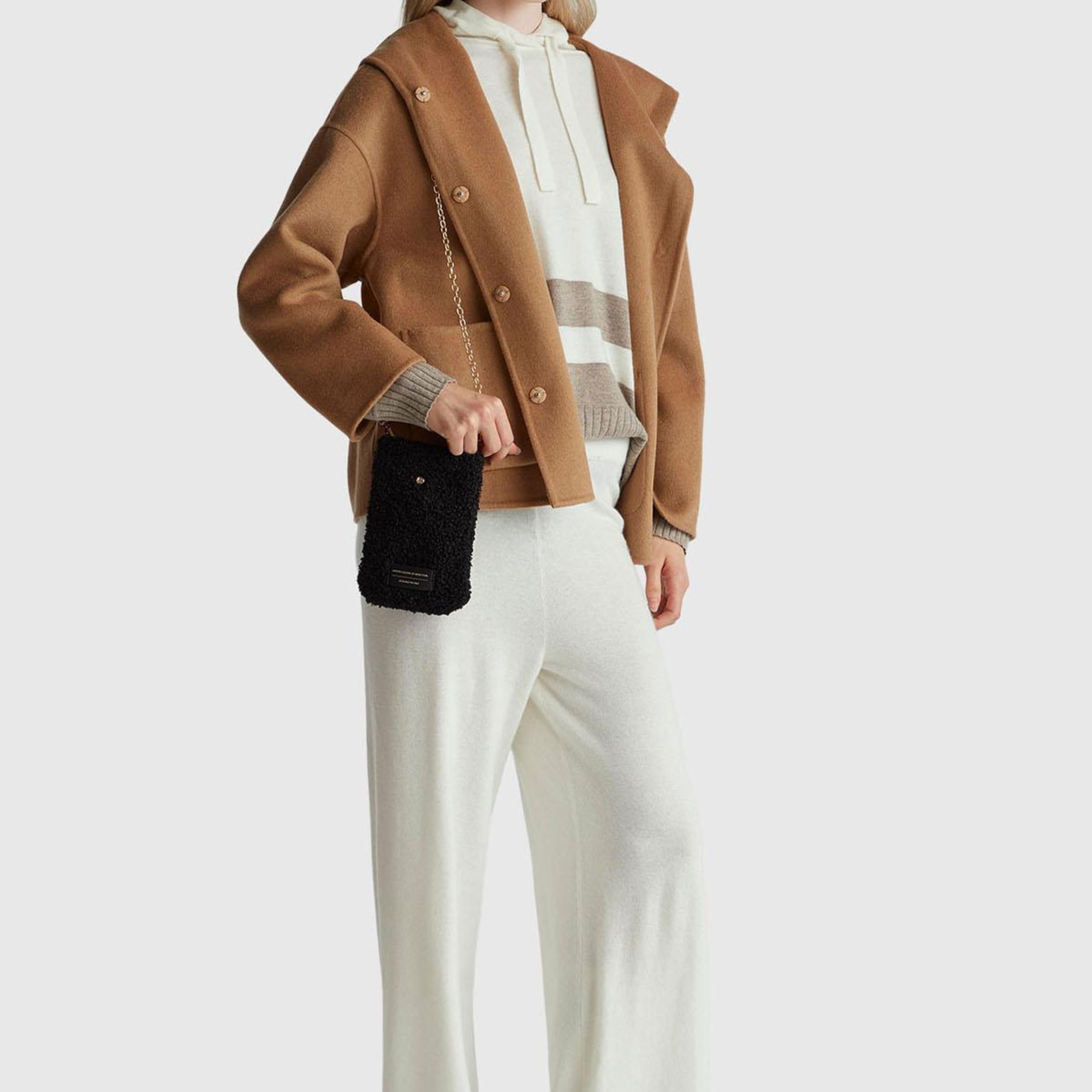 Kadın Ekru Yün ve Kaşmir Karışımlı Kapüşonlu Kazak